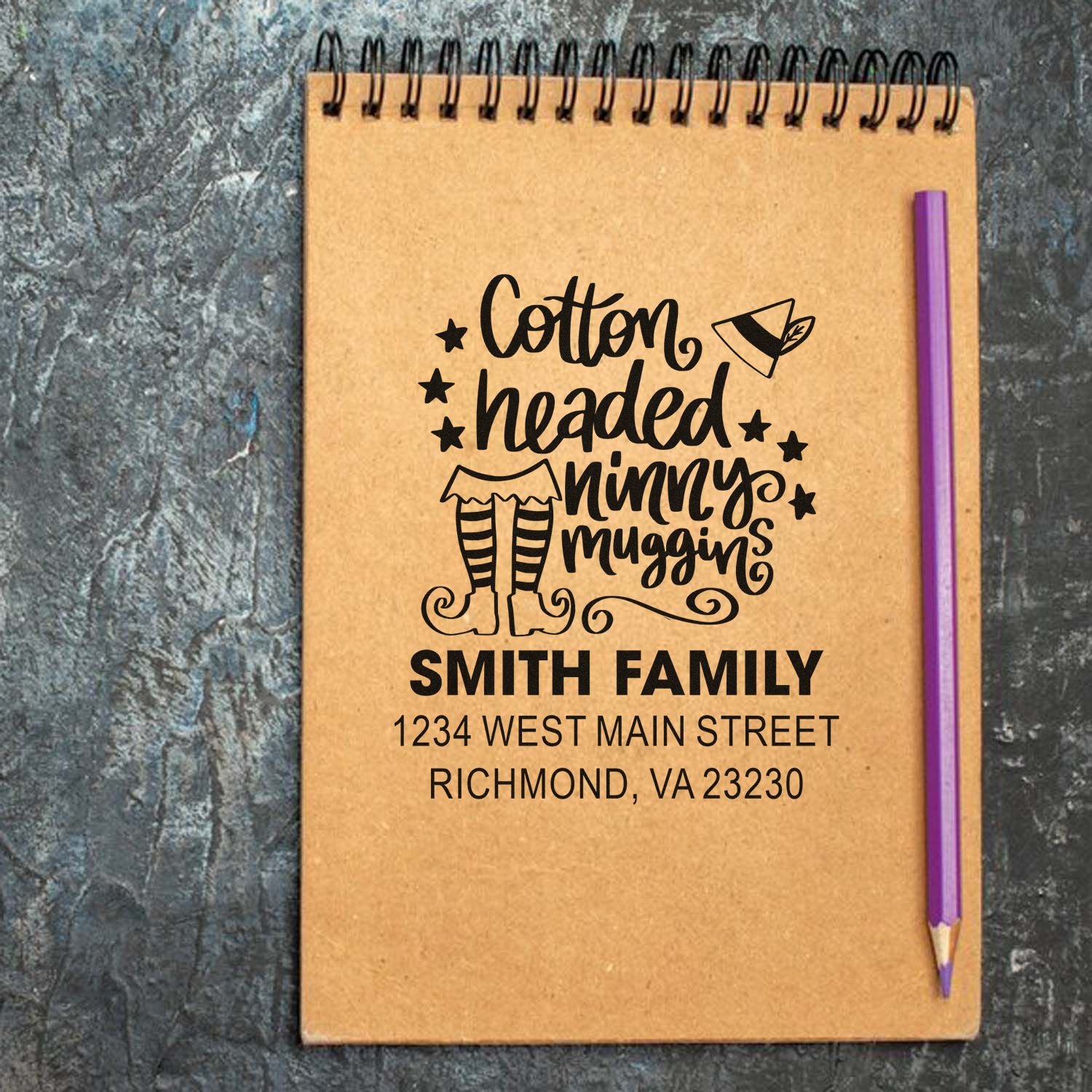 Custom rubber stamp for the Smith family with whimsical Cotton Headed Ninny Muggins holiday return address design.