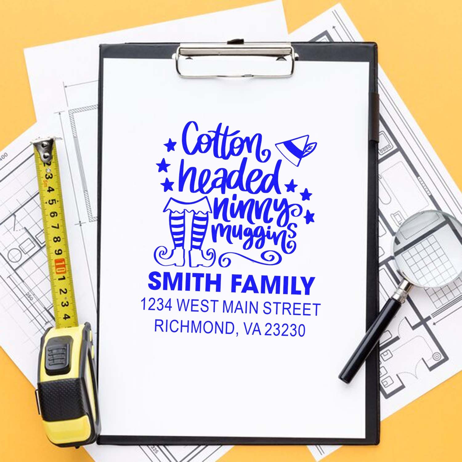Custom rubber stamp with Smith family name, return address, and Cotton Headed Ninny Muggins design for personalized mail.