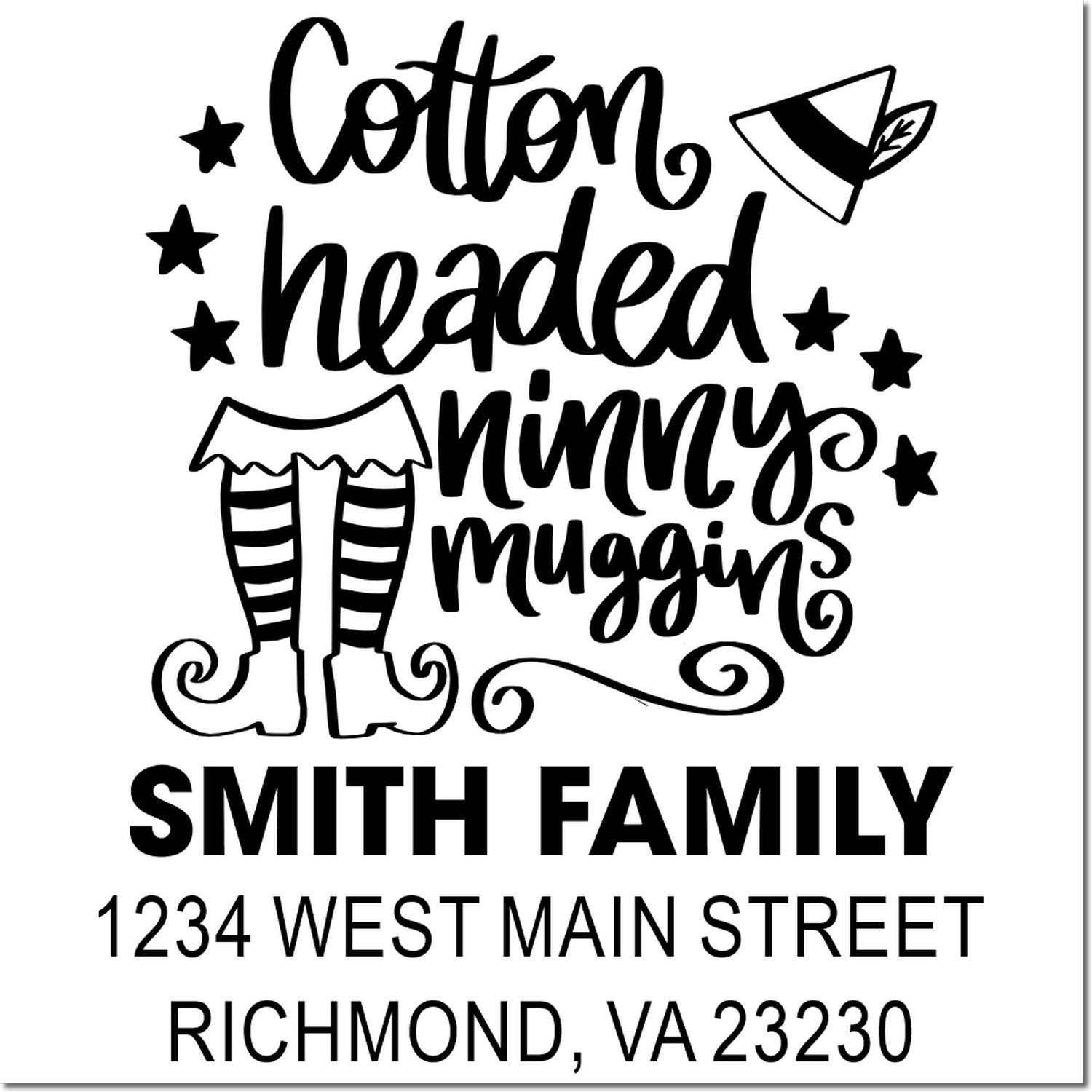 Custom cotton headed ninny muggins Christmas return address rubber stamp with elf design for Smith Family, Richmond, VA.