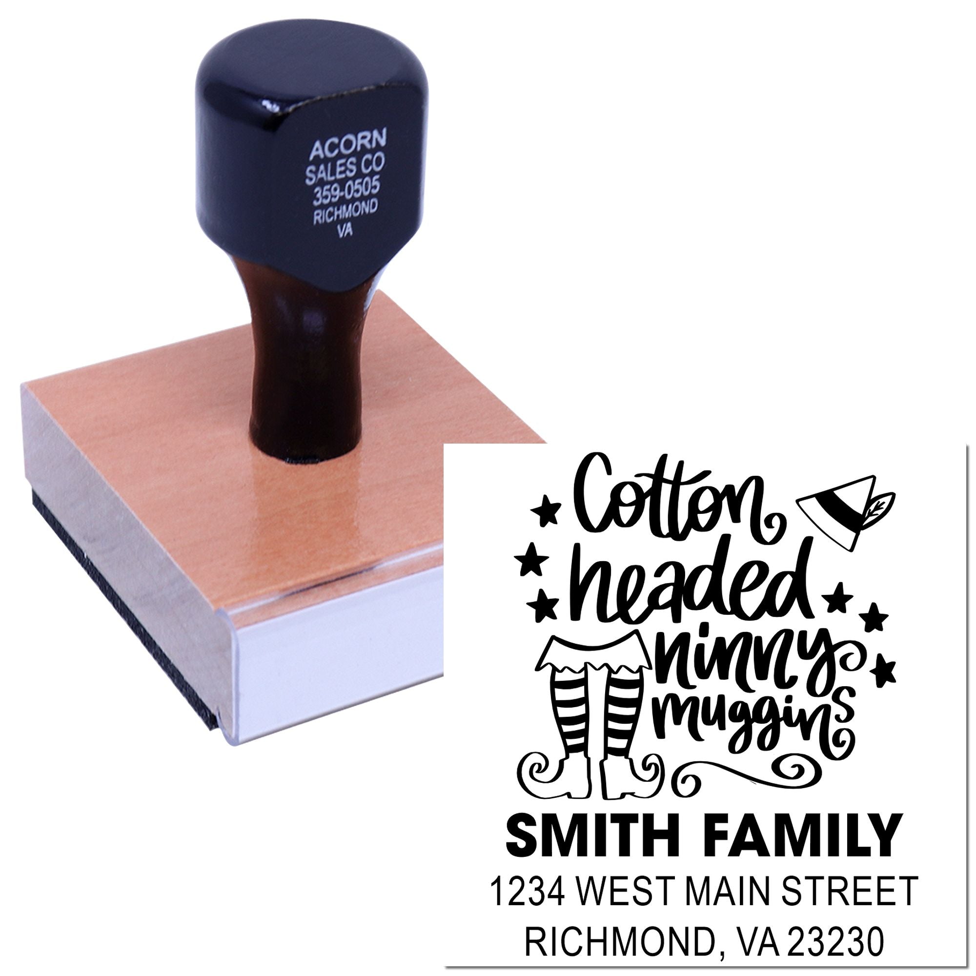 Custom self-inking rubber stamp with Cotton Headed Ninny Muggins design and Smith Family address