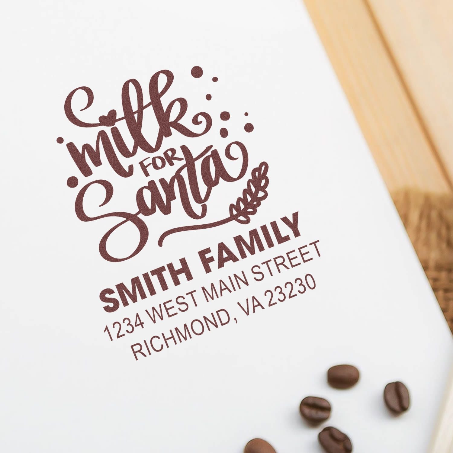 Personalized Milk for Santa rubber stamp with Smith Family address for holiday gifting and festive Christmas treats.