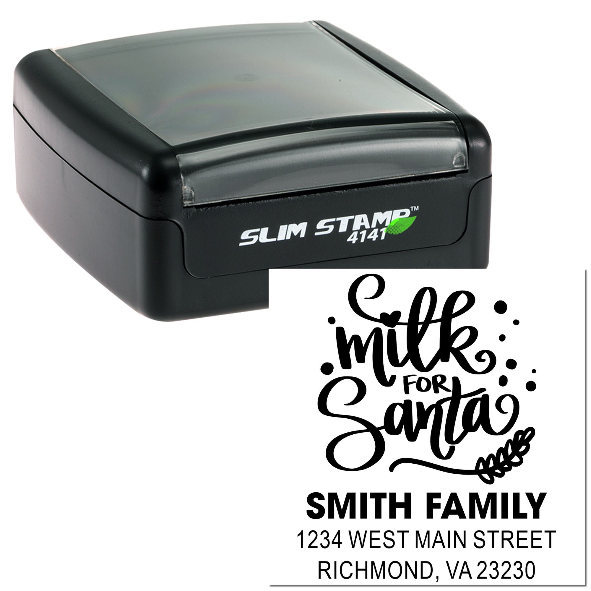 Custom self-inking rubber stamp with Milk for Santa design and Smith family return address, perfect for holiday mail.
