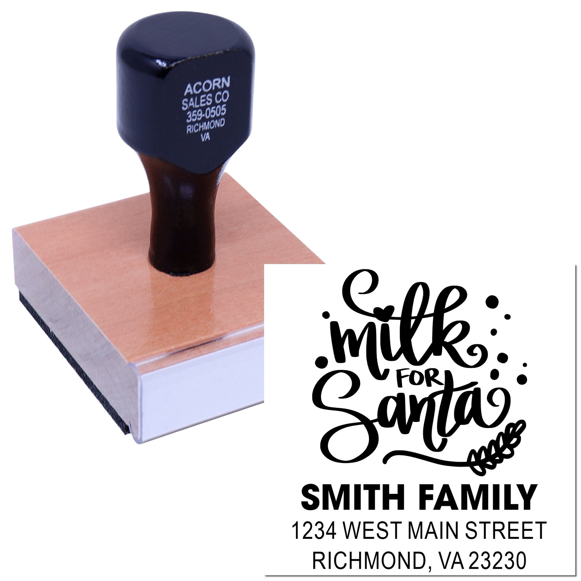 Custom self-inking rubber stamp with Milk for Santa design and personalized family address.