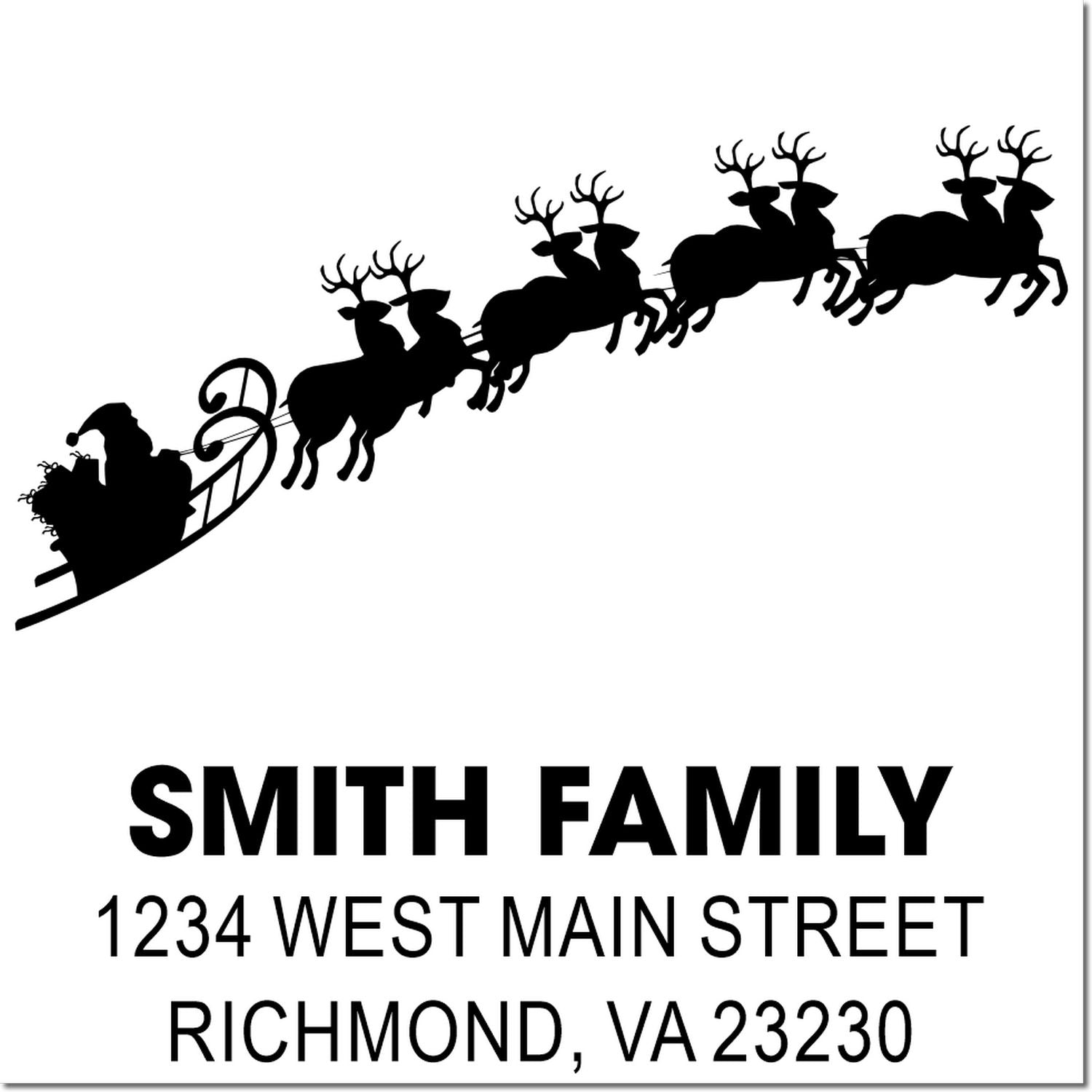Custom holiday return address rubber stamp with Santa sleigh silhouette, reindeer, Smith Family, and Richmond, VA address