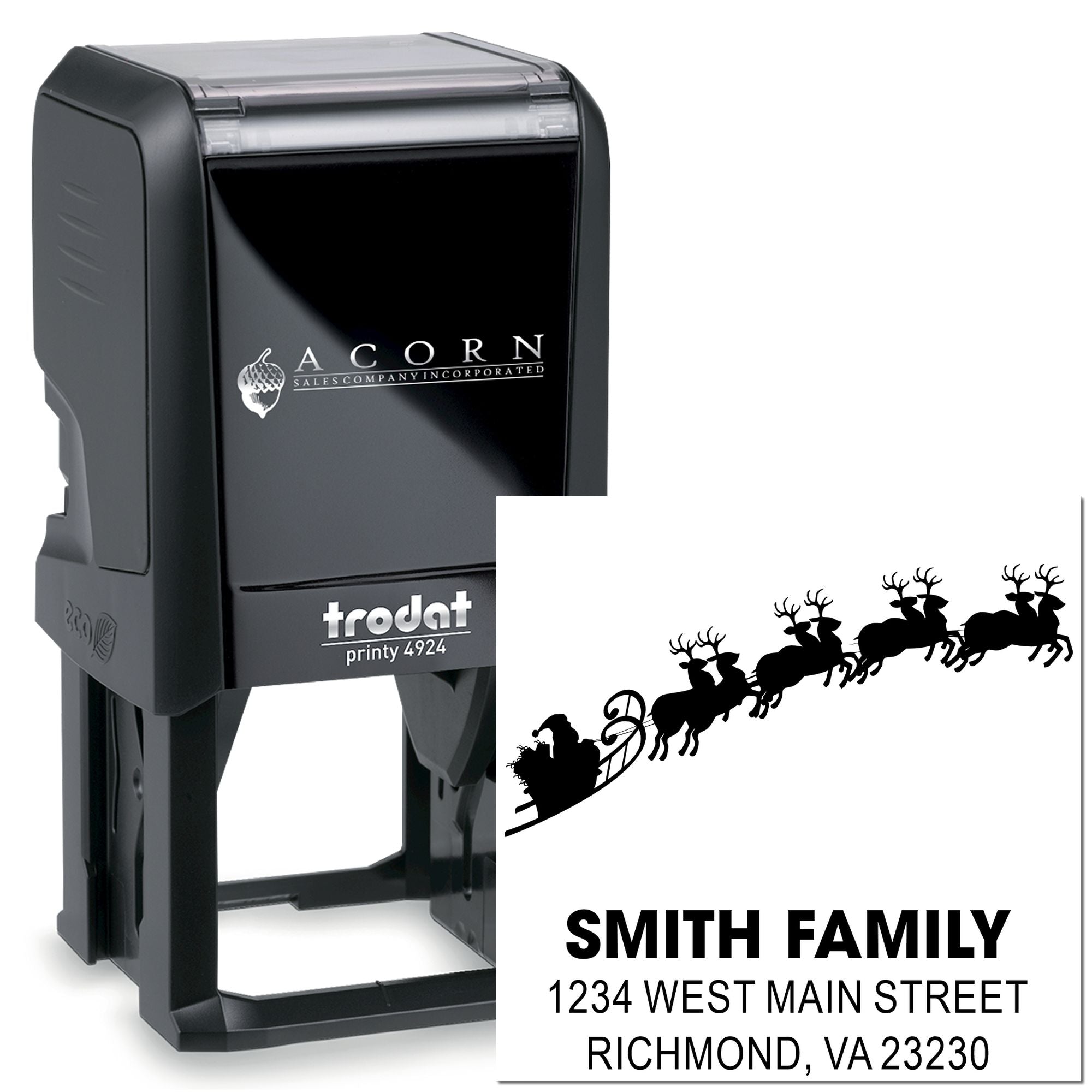 Custom self-inking rubber stamp with Santa sleigh return address design for personalized holiday mailing.