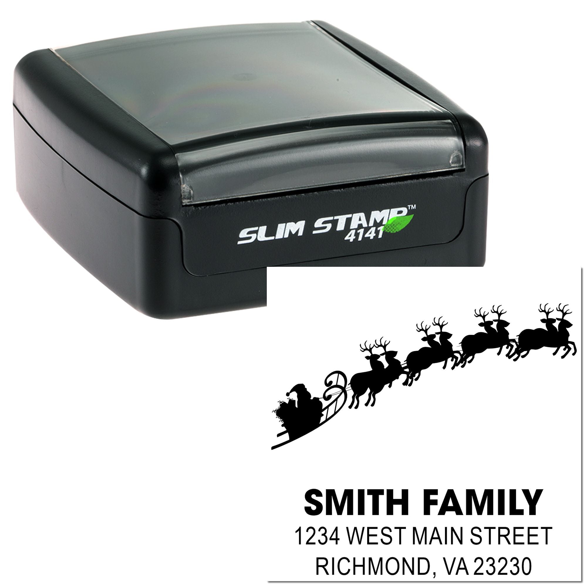 Slim self-inking rubber stamp with personalized Santa sleigh address imprint for holiday mailing labels