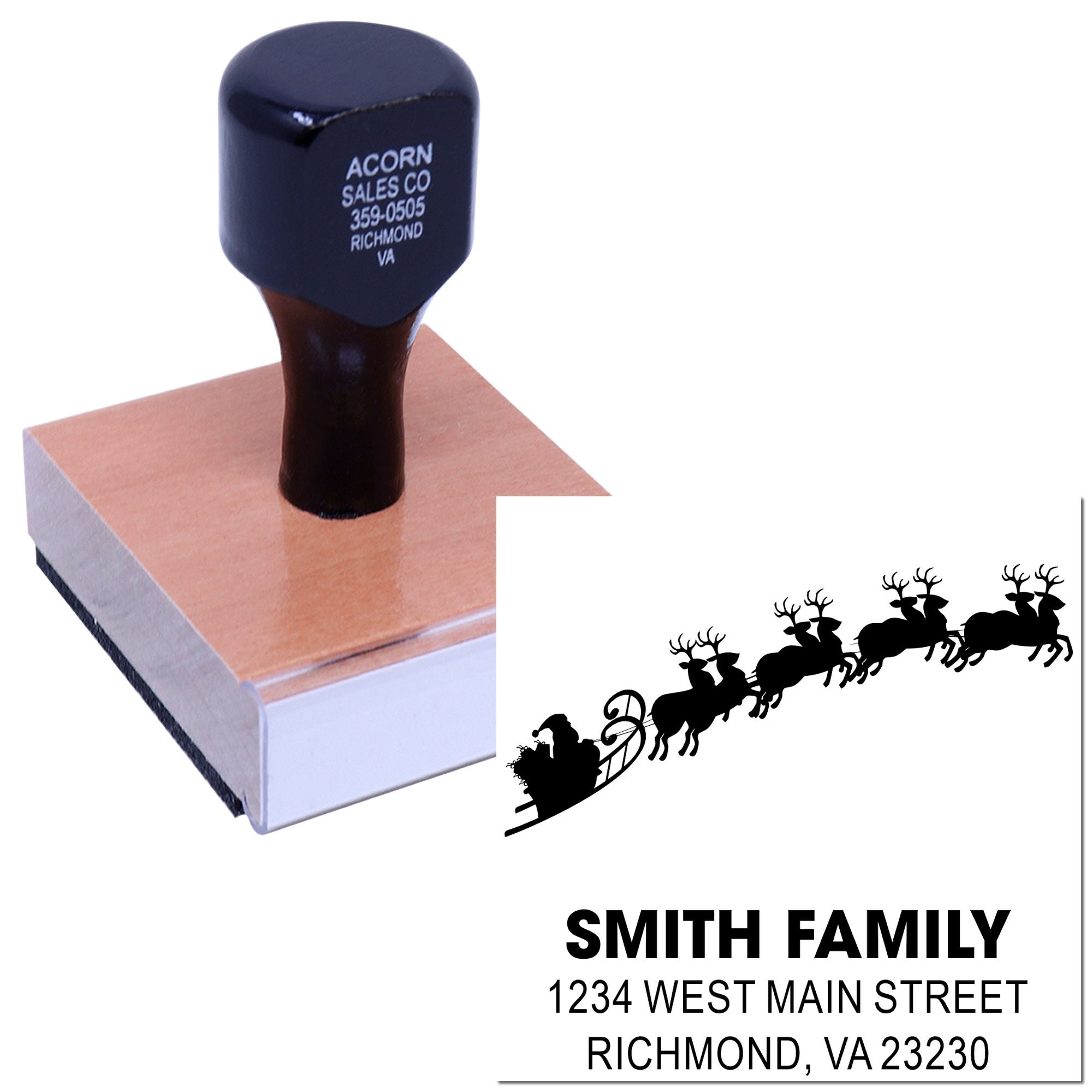 Personalized return address rubber stamp with Santa sleigh design for holiday mailing.