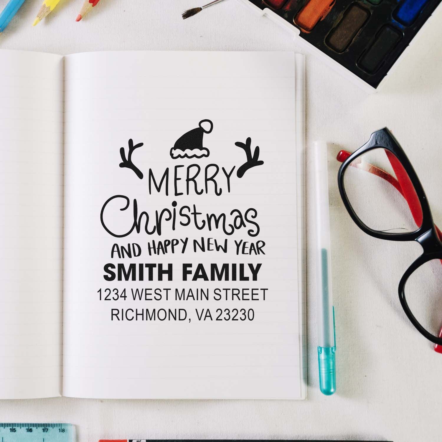 Custom Merry Christmas return address rubber stamp with Smith Family name and Richmond, VA address.