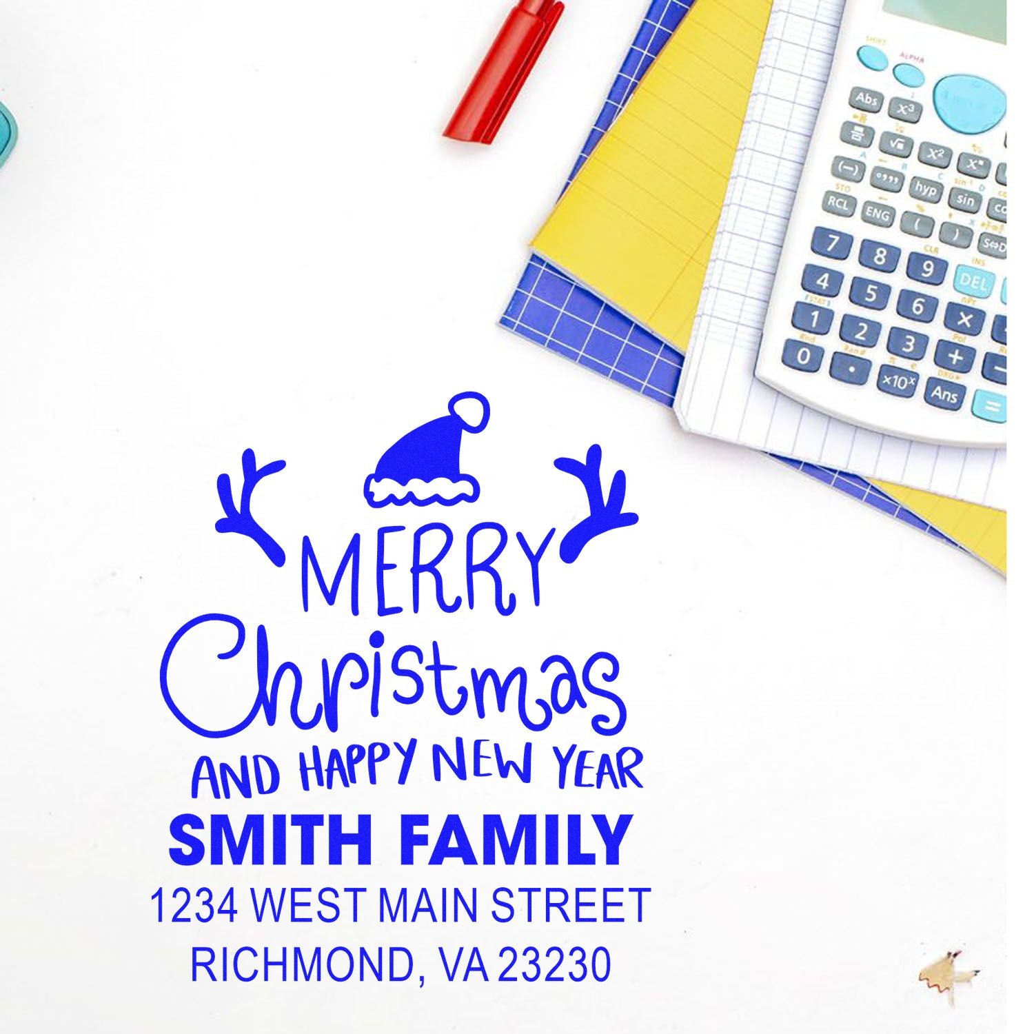 Custom Christmas return address rubber stamp for Smith Family, Richmond VA 23230, with Merry Christmas and Happy New Year.