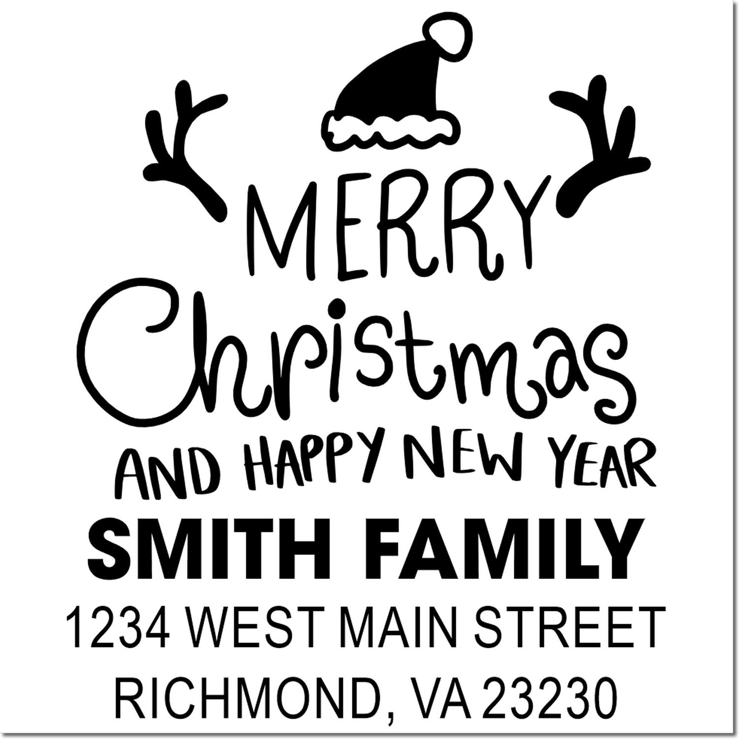 Custom Christmas card address rubber stamp for Smith Family, Richmond VA 23230, with Merry Christmas and Happy New Year.