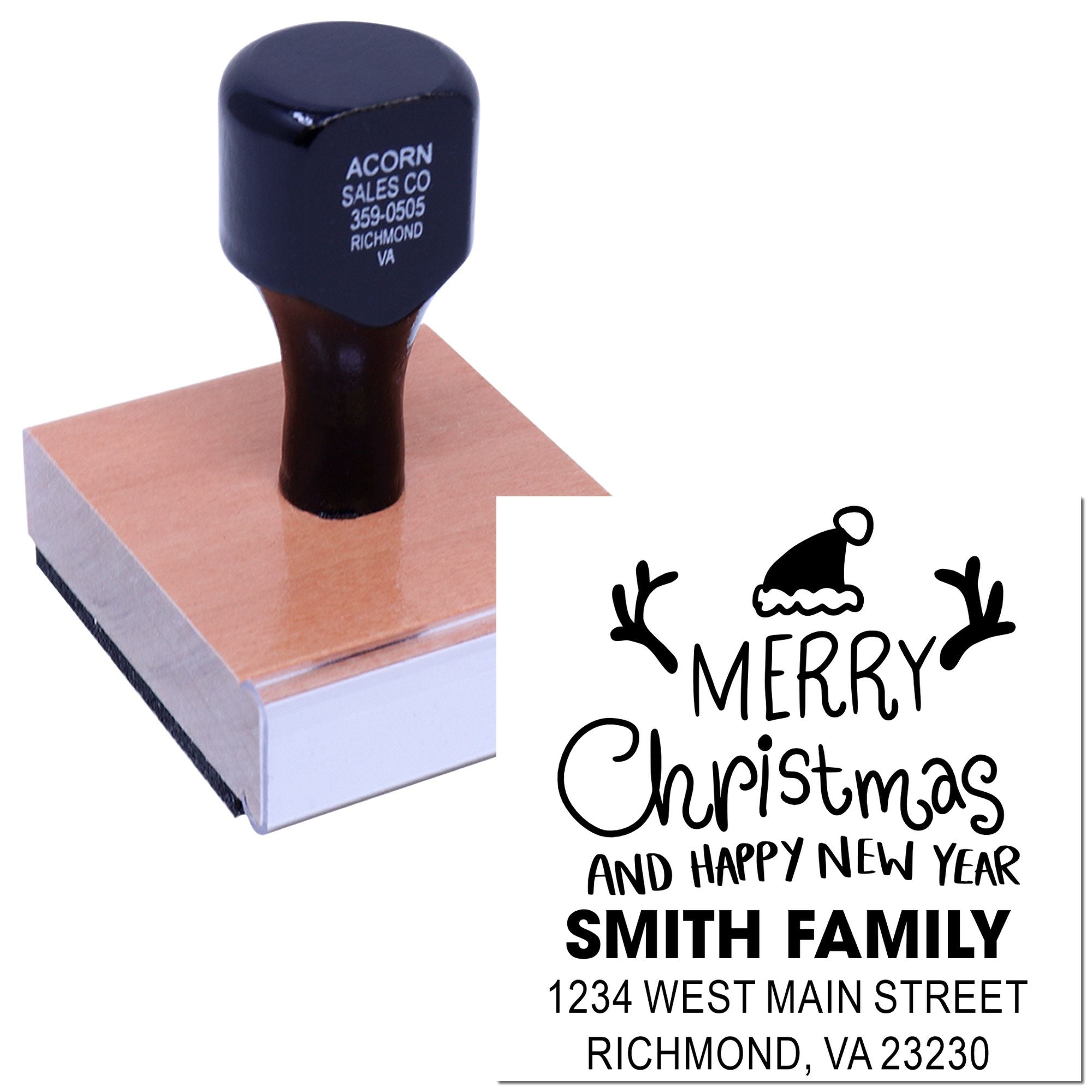 Custom Christmas address rubber stamp with Merry Christmas and Happy New Year design for holiday mailing by the Smith family