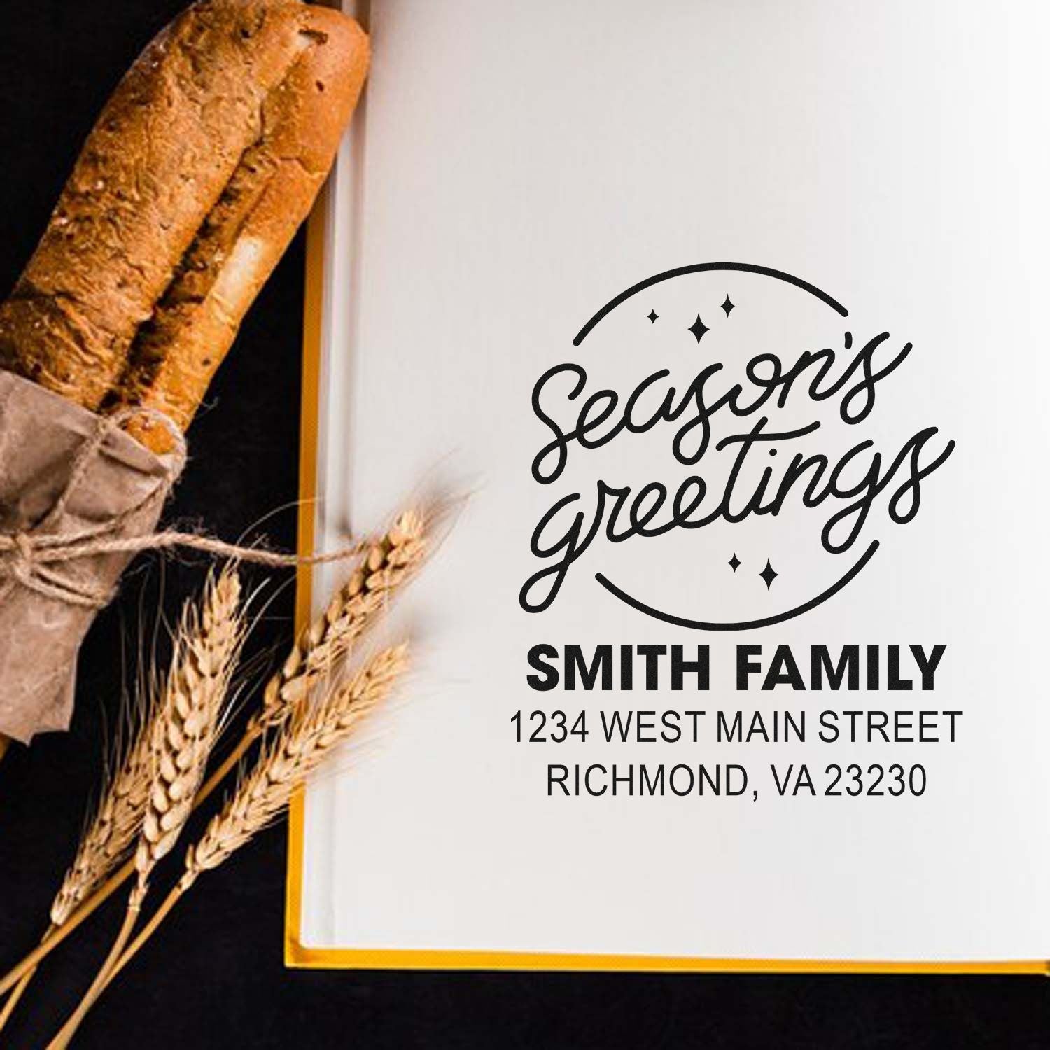 Custom seasons greetings rubber stamp with family name and return address for holiday cards and envelopes.