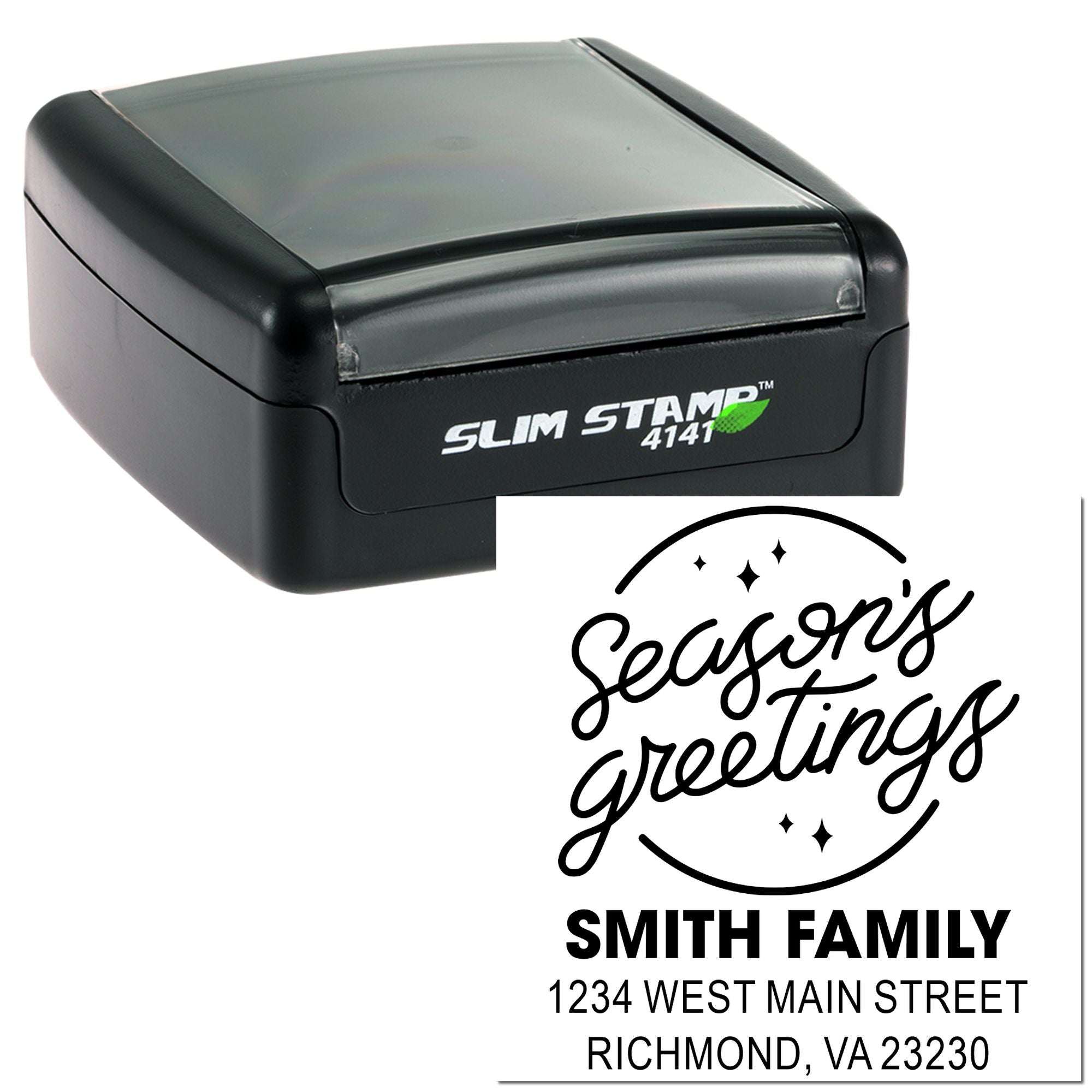 Custom self-inking address stamp with seasonal greetings design for Smith Family holiday cards and mailings.