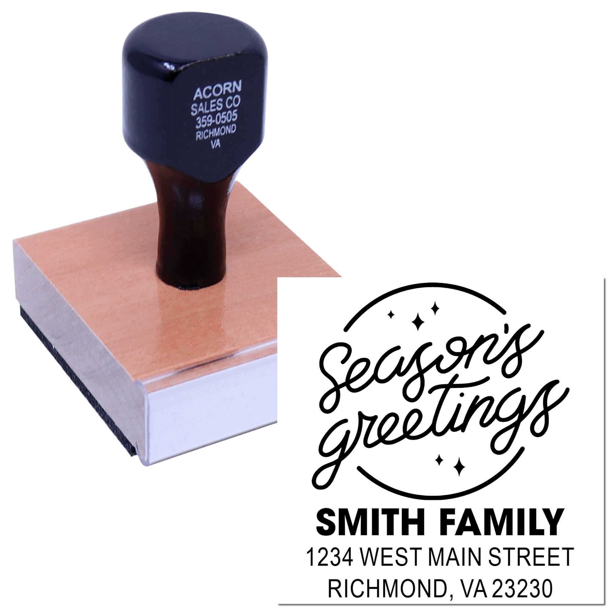 Personalized Seasons Greetings rubber stamp with Smith Family return address for holiday cards.