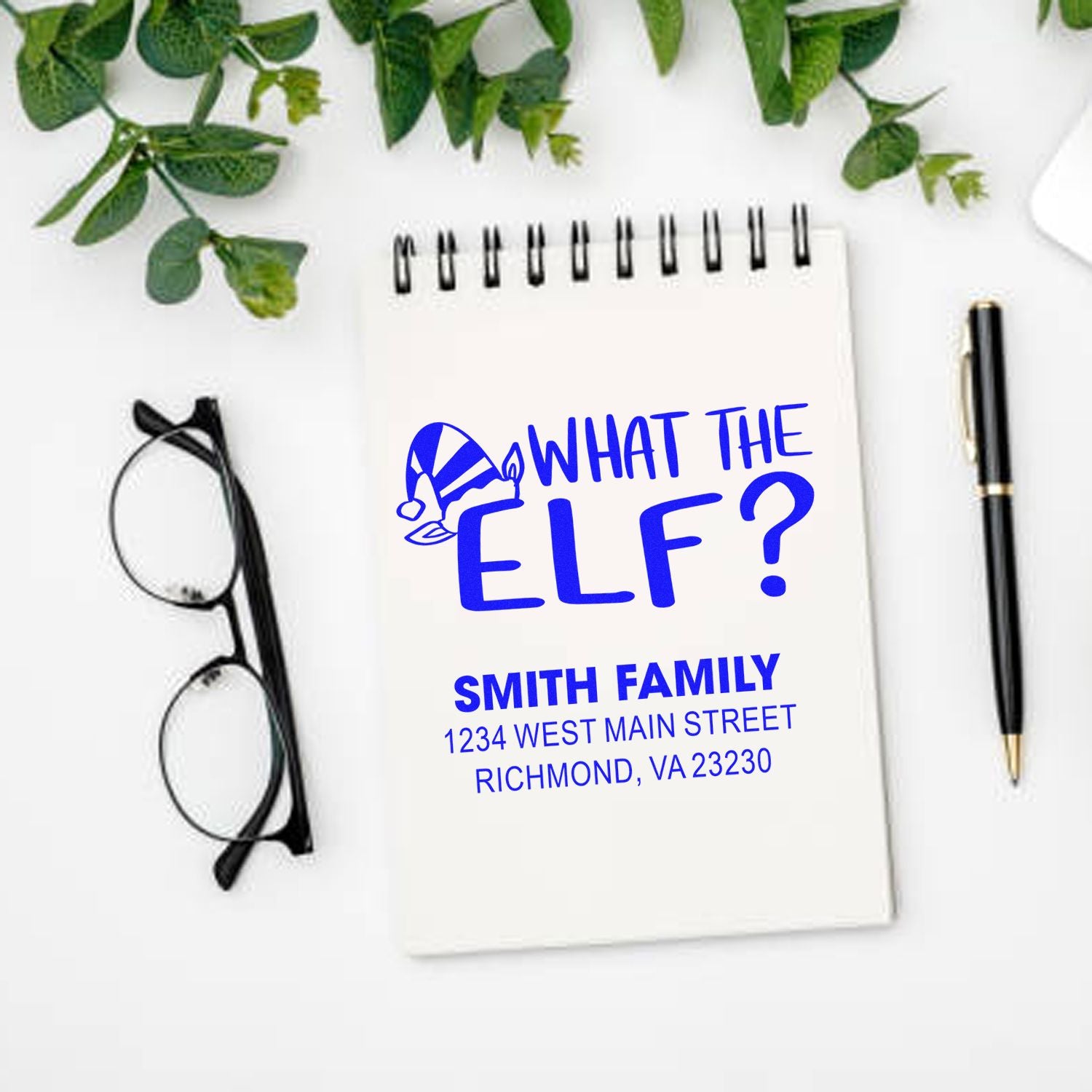 Custom rubber stamp featuring What the Elf? design and Smith family address for personalized Christmas cards and holiday mail.