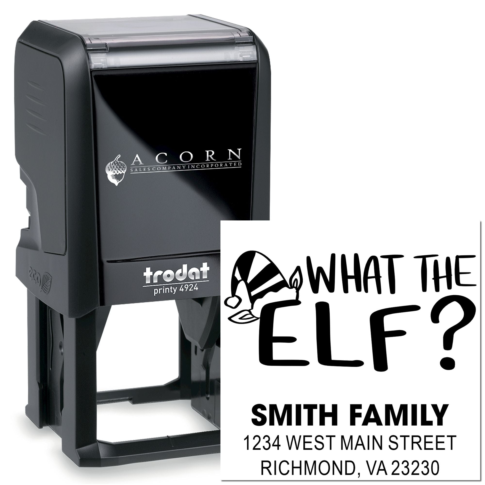 Custom self-inking rubber stamp with What the Elf? design and Smith Family return address for holiday mailings.