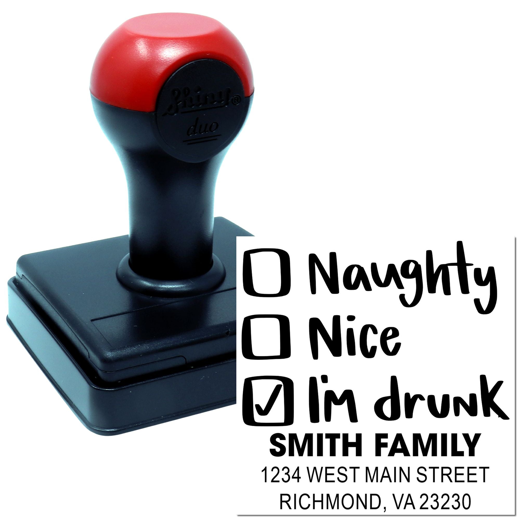 Custom self-inking rubber stamp with naughty, nice, and Im drunk checklist plus Smith Family return address block.
