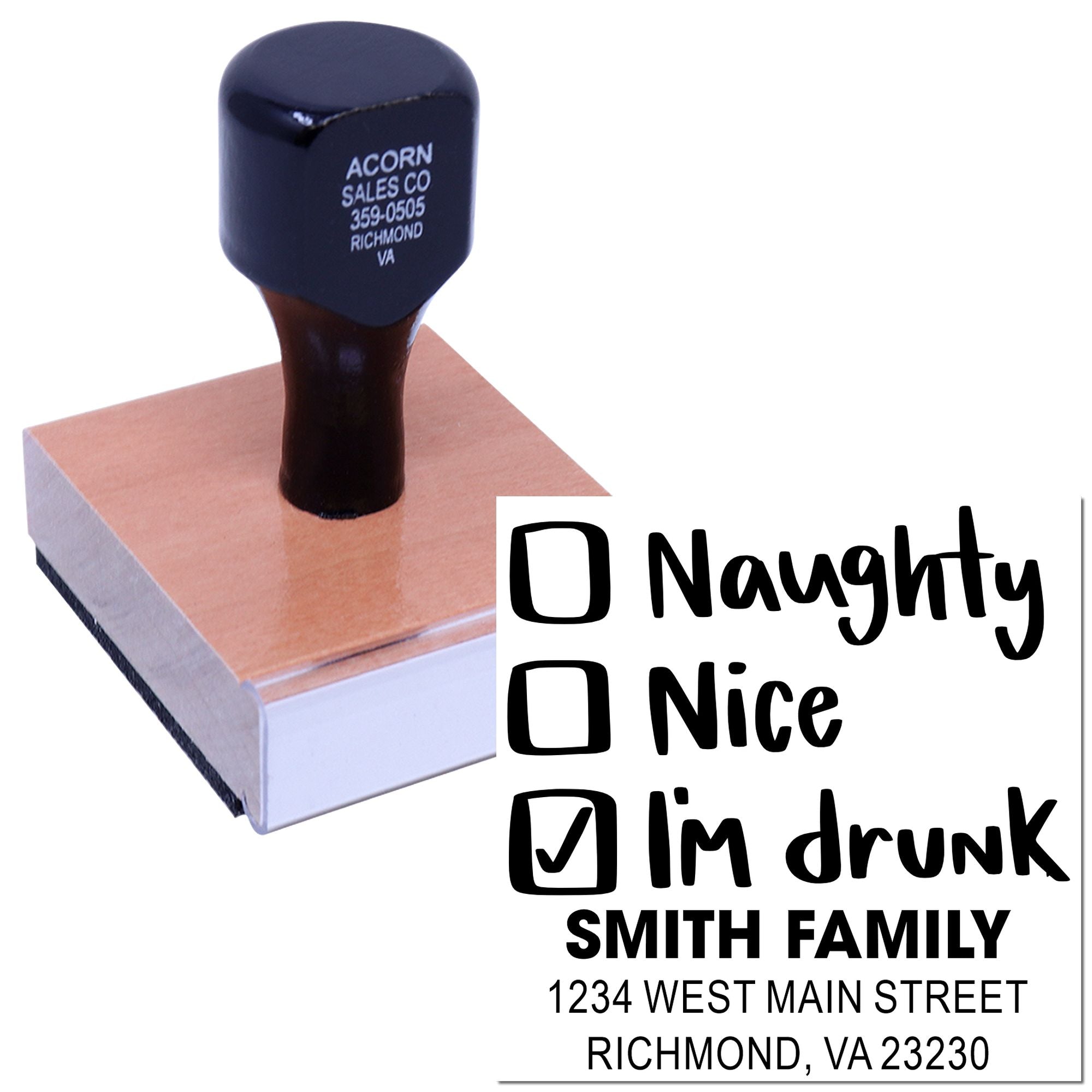 Custom holiday rubber stamp with naughty, nice, and I'm drunk checklist plus Smith Family return address.