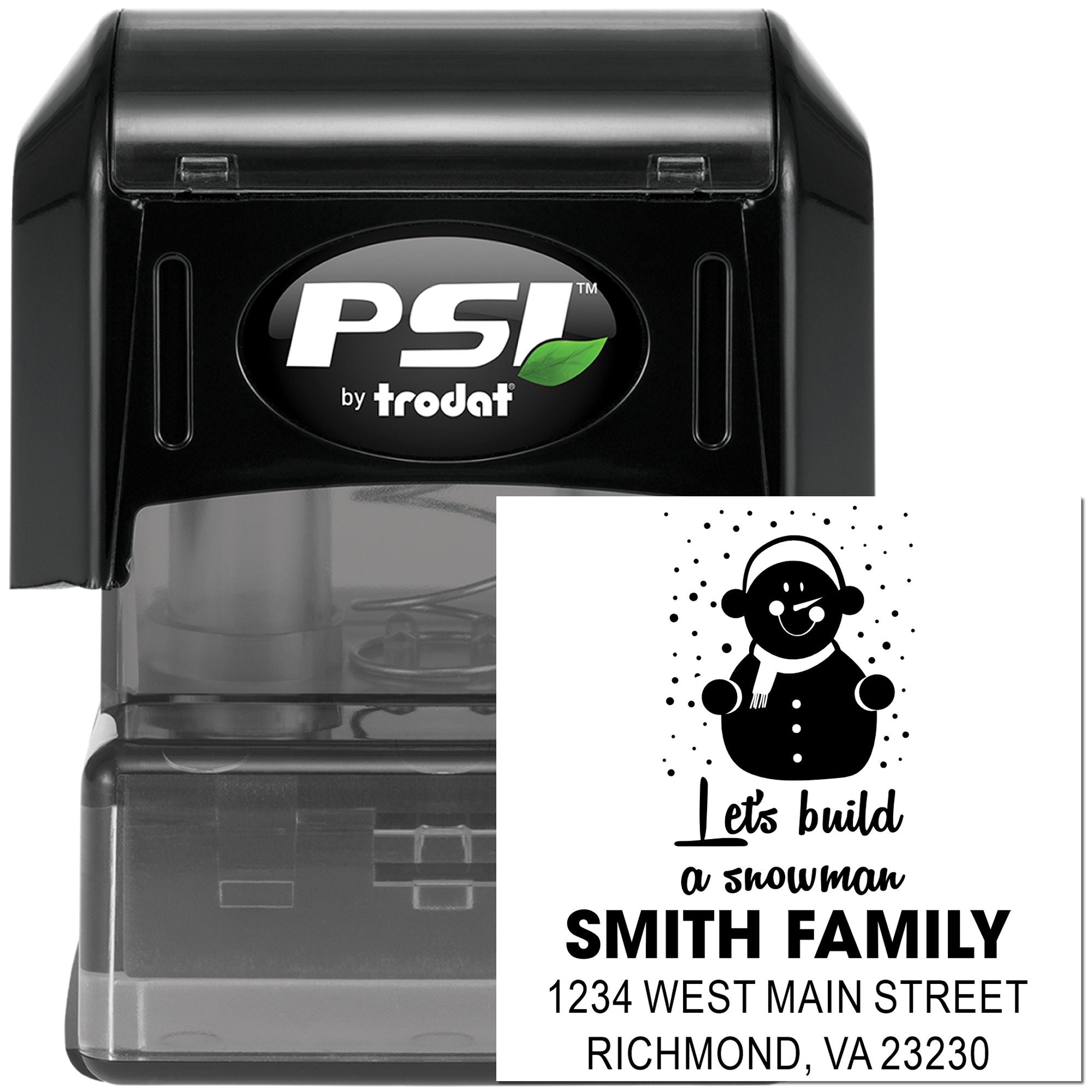 Custom self-inking rubber address stamp with snowman design for holiday mail, Smith family return address.