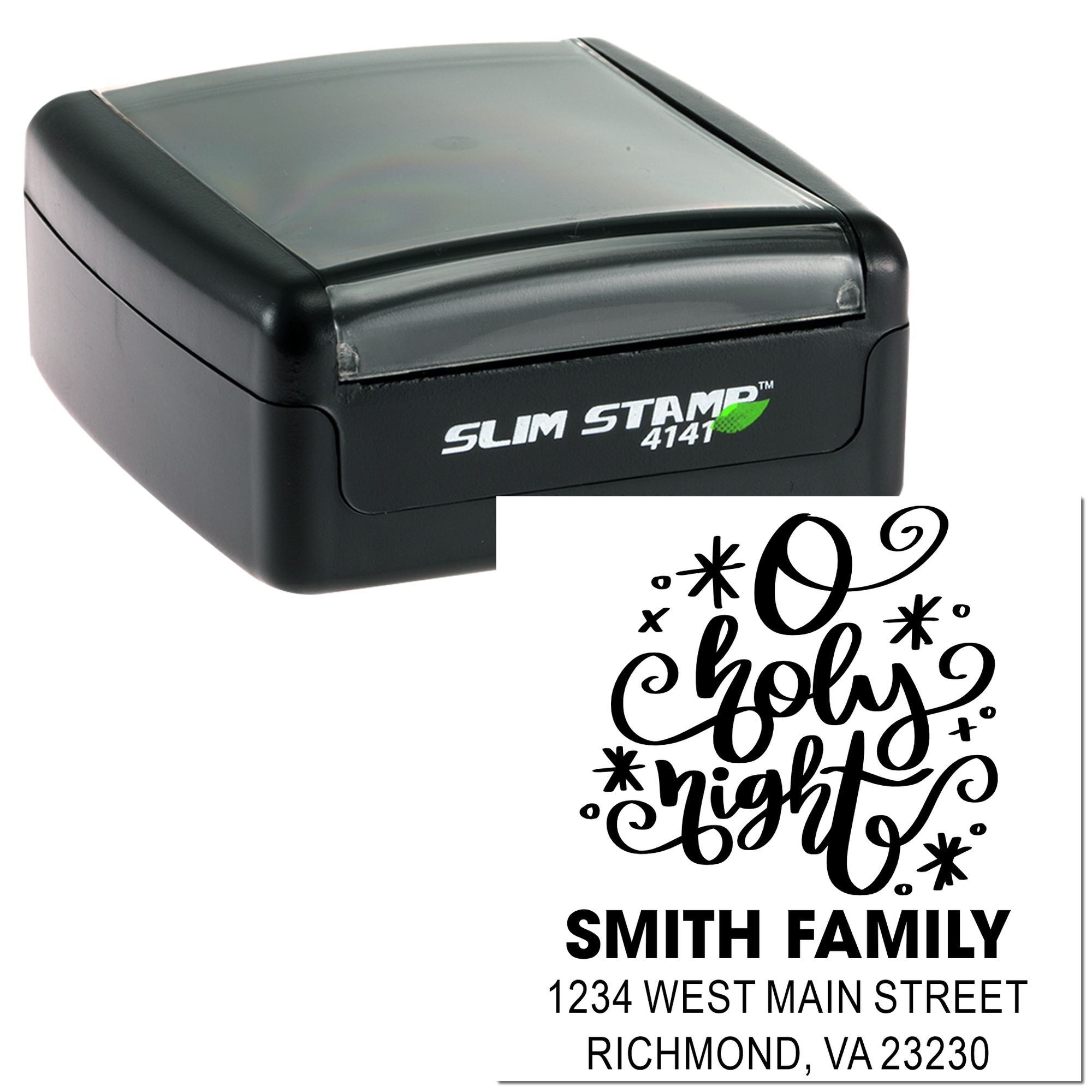 Custom self-inking rubber stamp with O Holy Night holiday address design for cards, envelopes, and mailings.
