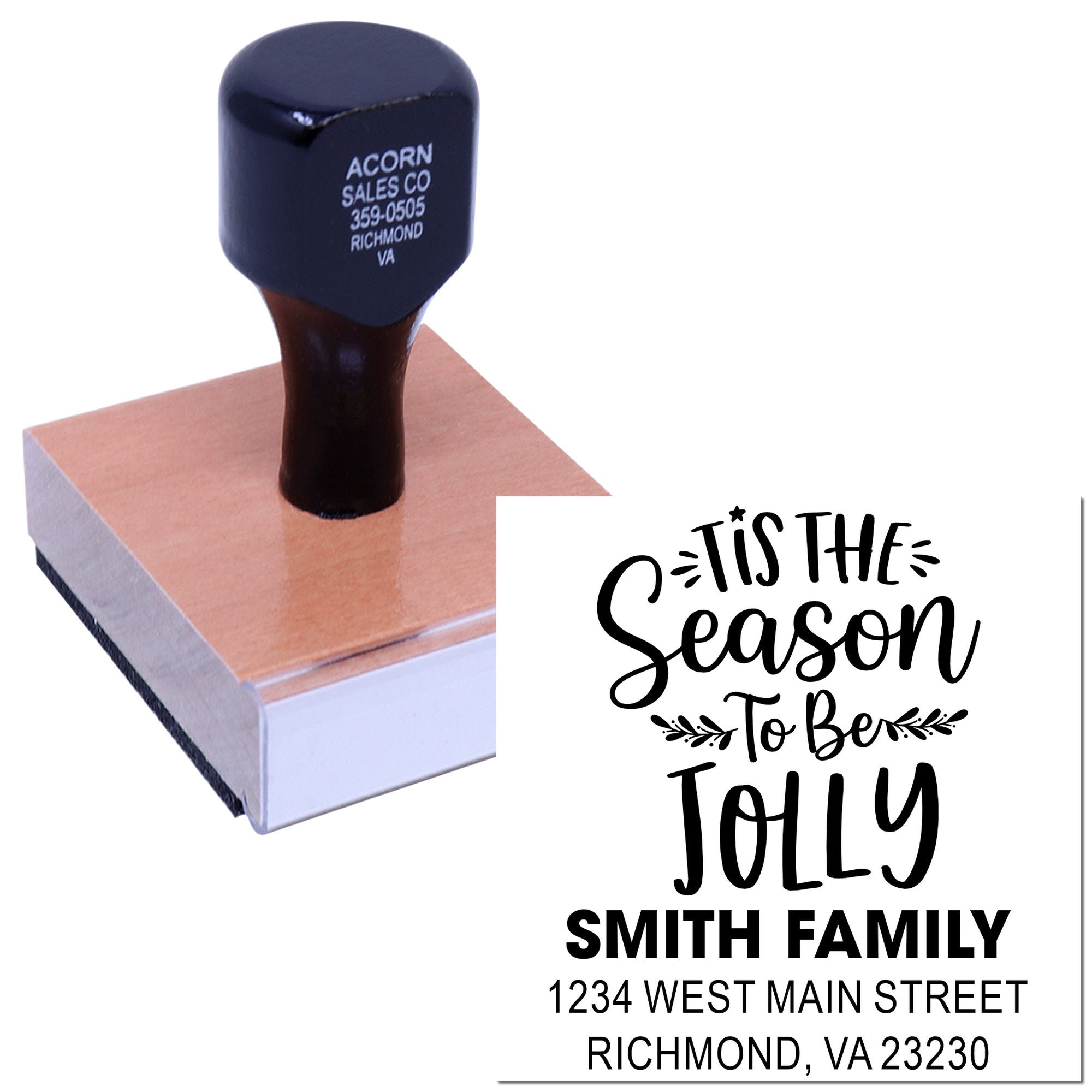 Custom self-inking rubber stamp with holiday return address design reading Tis the Season to Be Jolly for Smith Family.