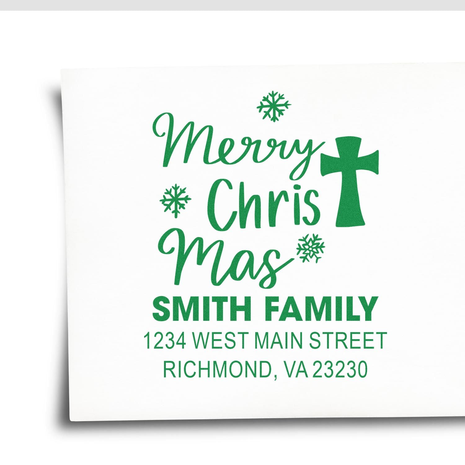Personalized Merry Chris-Mas rubber stamp for Smith family holiday cards and return addresses, with snowflakes and cross.