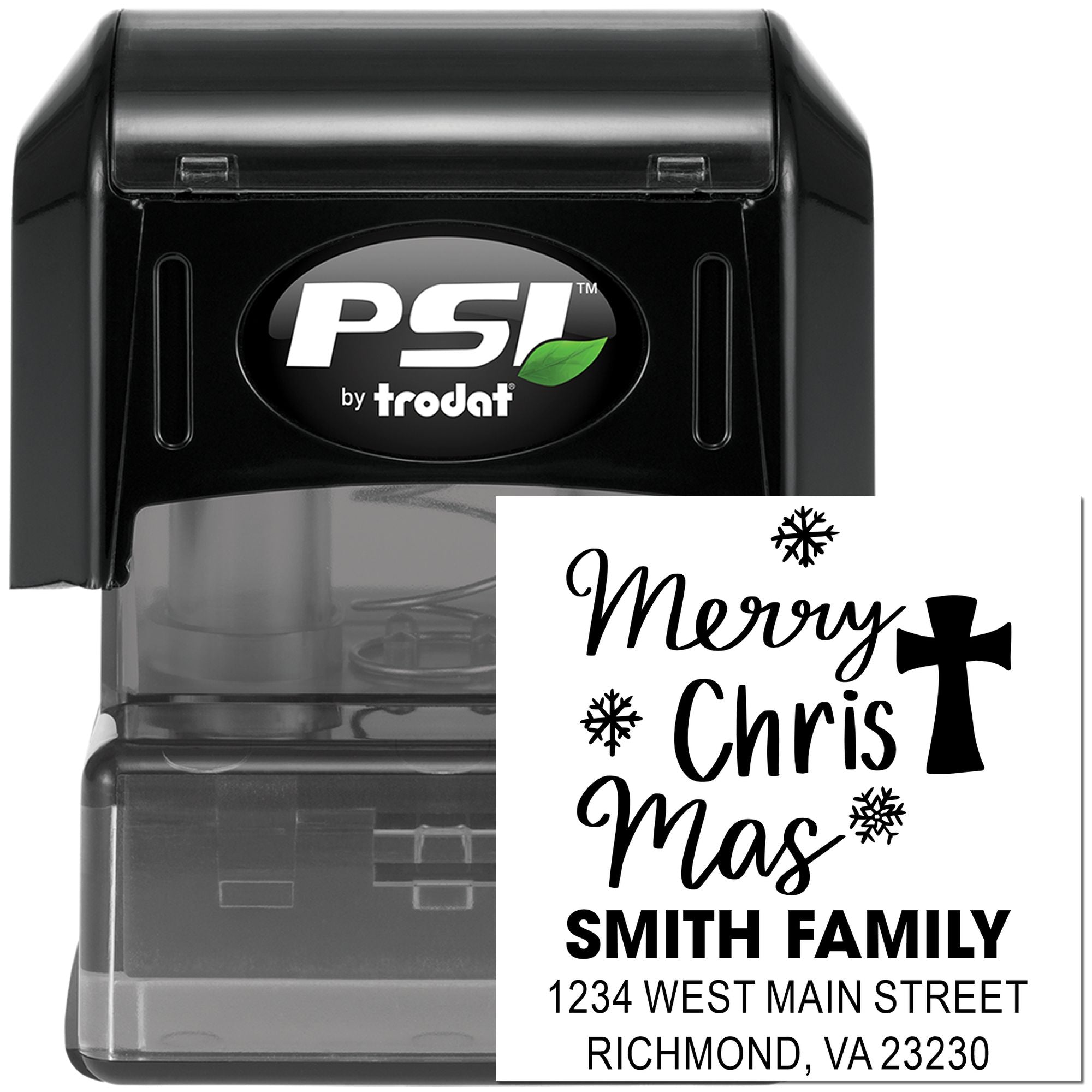 Personalized Christmas return address rubber stamp with Merry Christmas design, family name, and address in PSI by Trodat self-inking stamp.