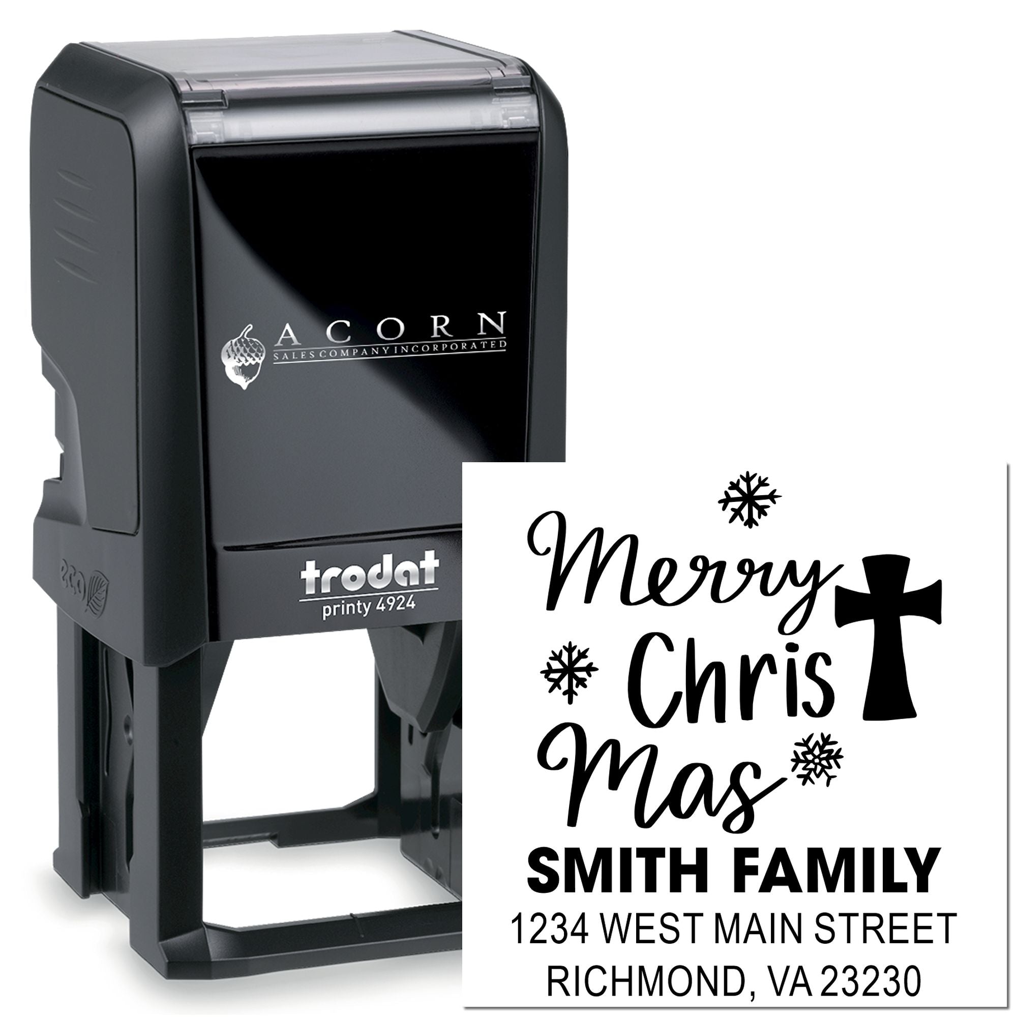 Custom self-inking rubber stamp for holiday cards, featuring Merry Christmas and a personalized return address.