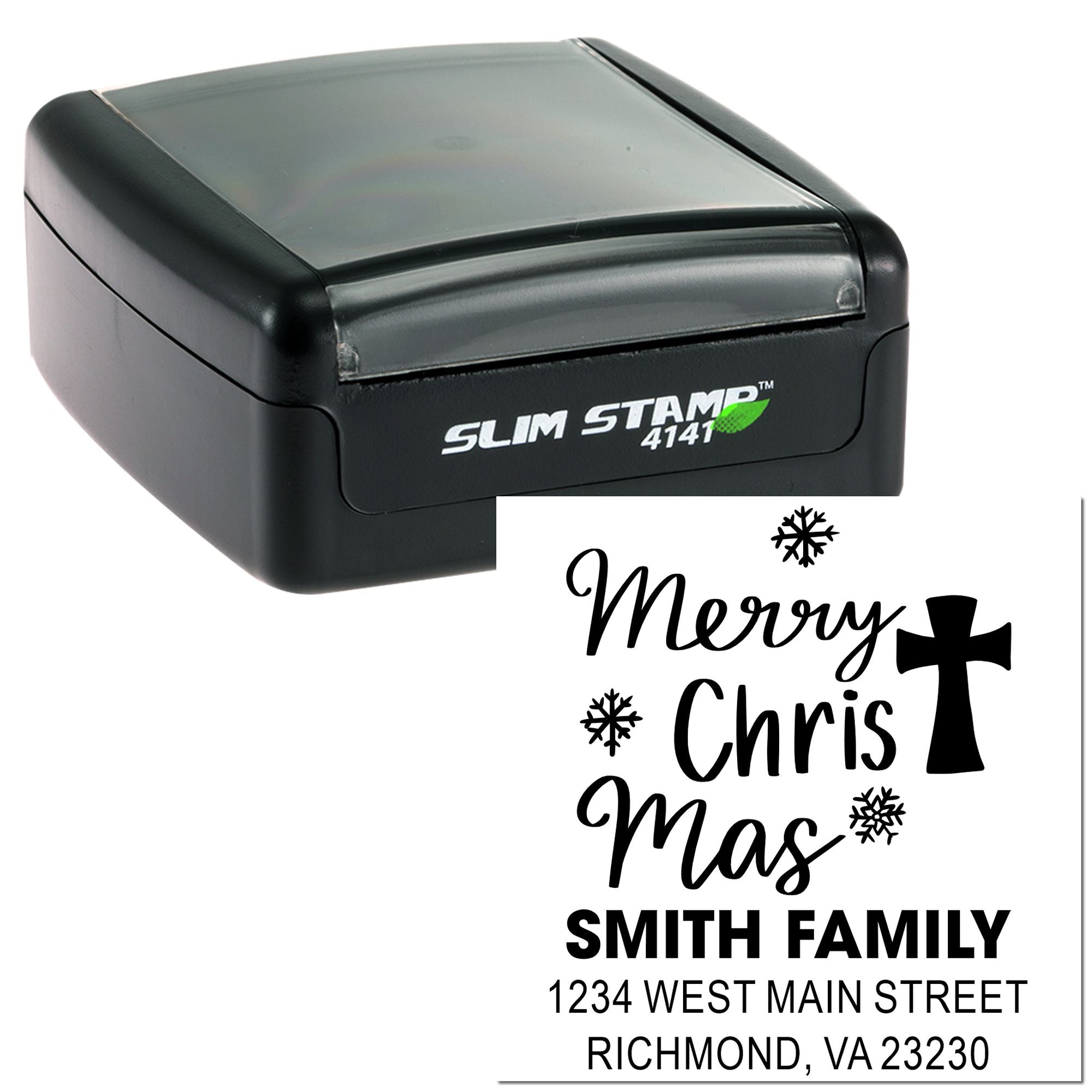 Slim Stamp 4141 self-inking rubber stamp with custom Merry Christmas Smith Family return address design for holiday cards.