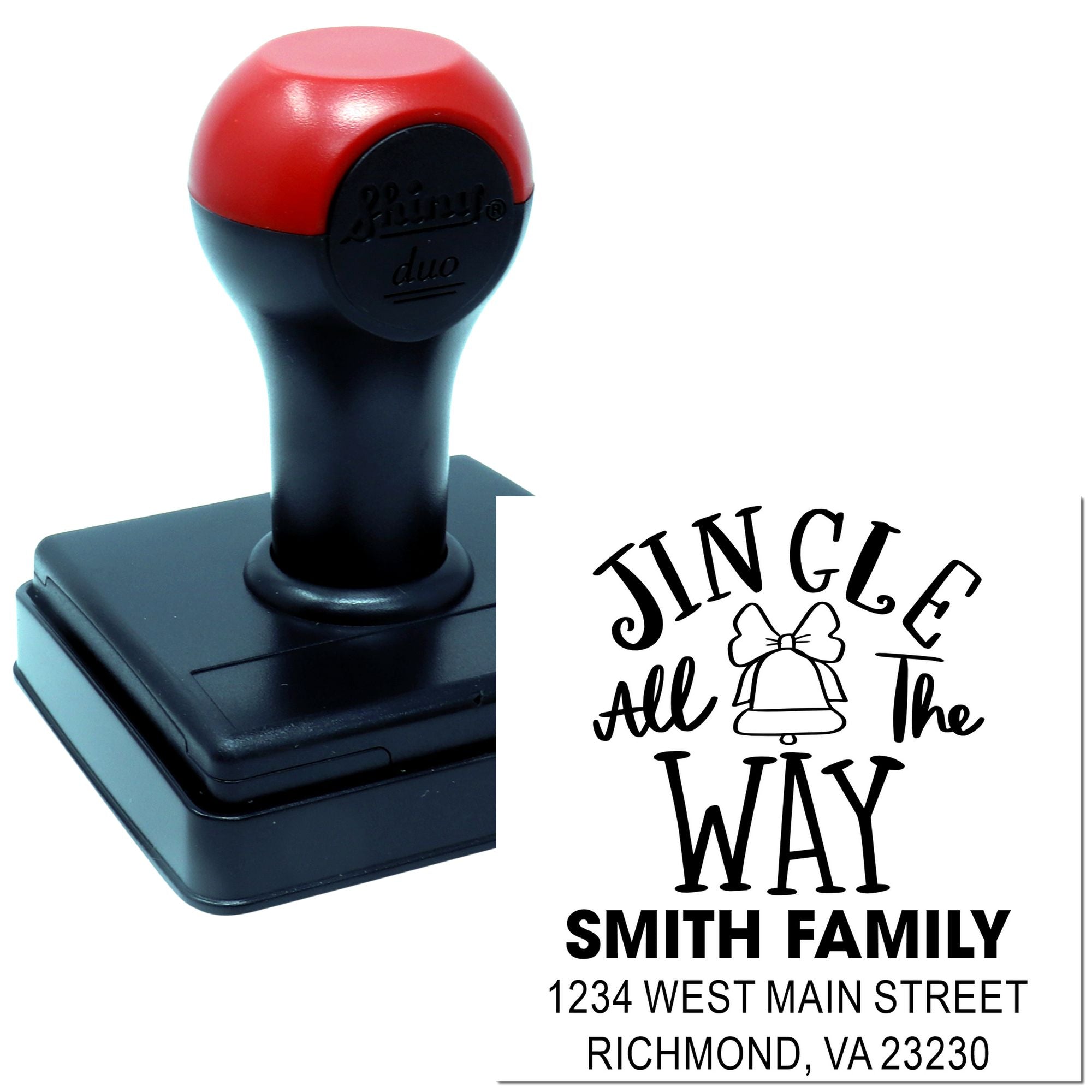 Custom Christmas return address rubber stamp with Jingle All the Way holiday design and family name, perfect for seasonal mailings.