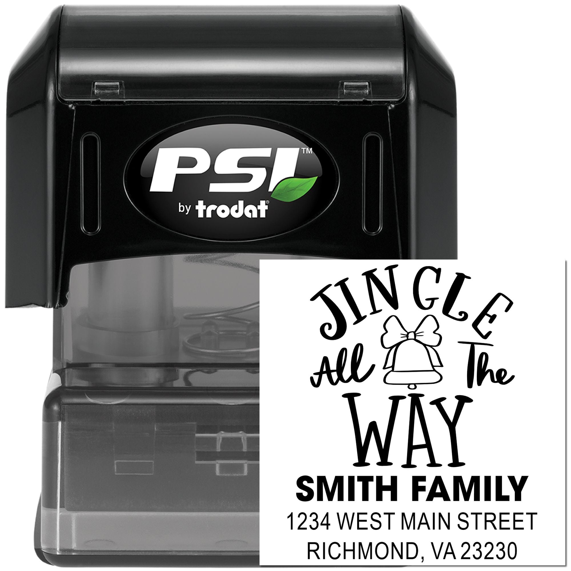 Custom self-inking rubber stamp for holiday cards, Jingle All the Way Smith Family return address stamp, Richmond VA address label.