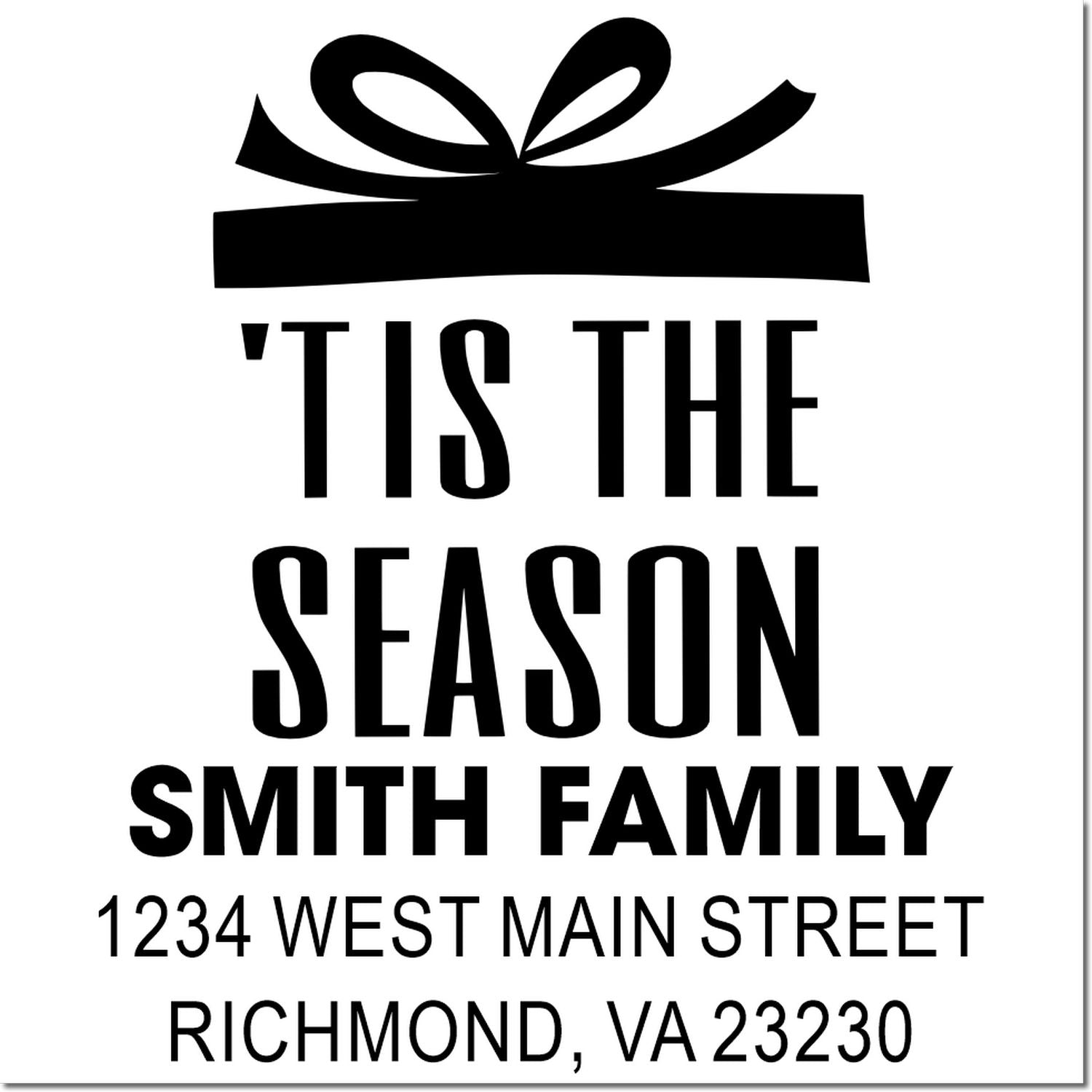 Personalized Christmas return address rubber stamp with gift icon, Smith Family, and Richmond, VA 23230.