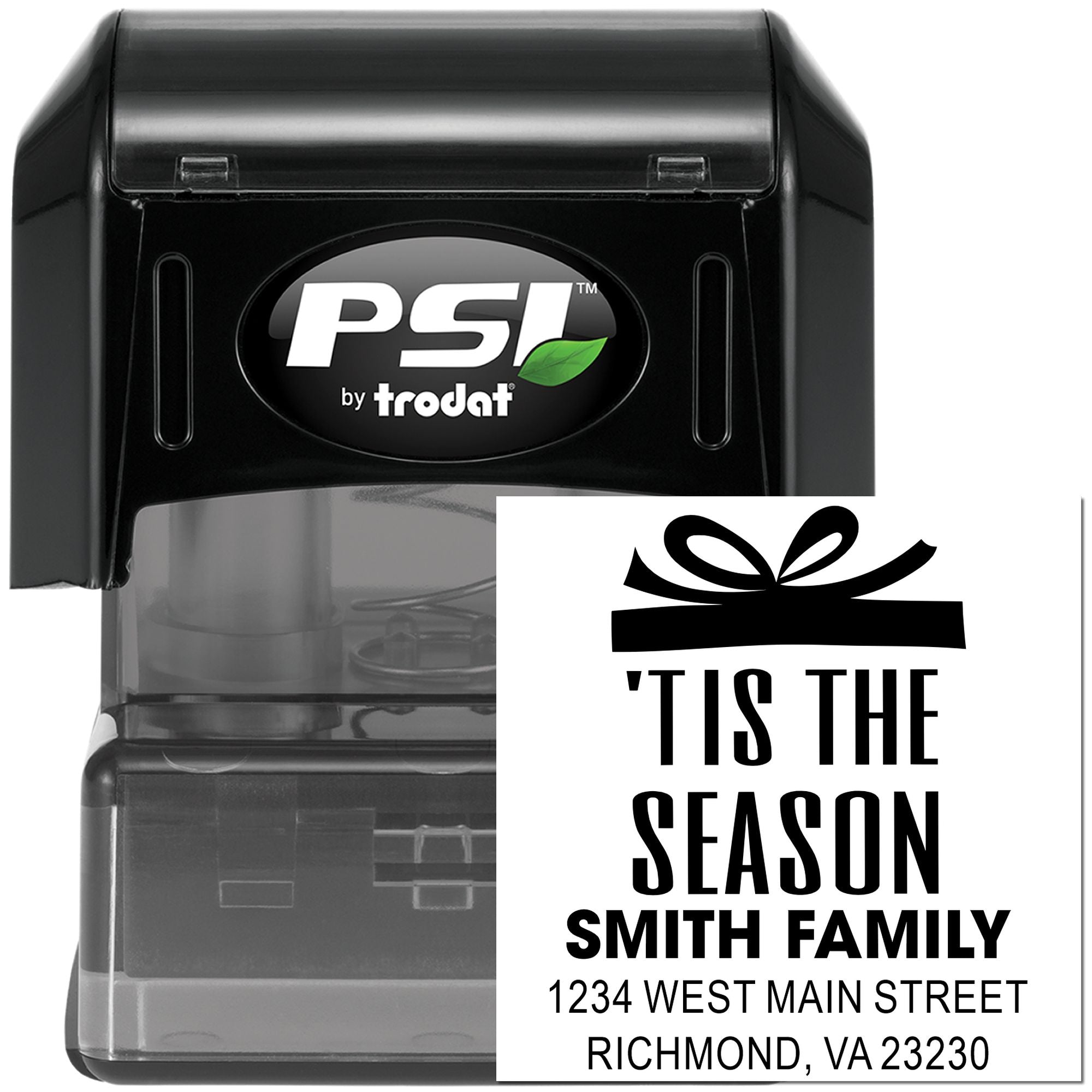 Custom self-inking rubber stamp with Tis the Season Smith Family return address for holiday cards.