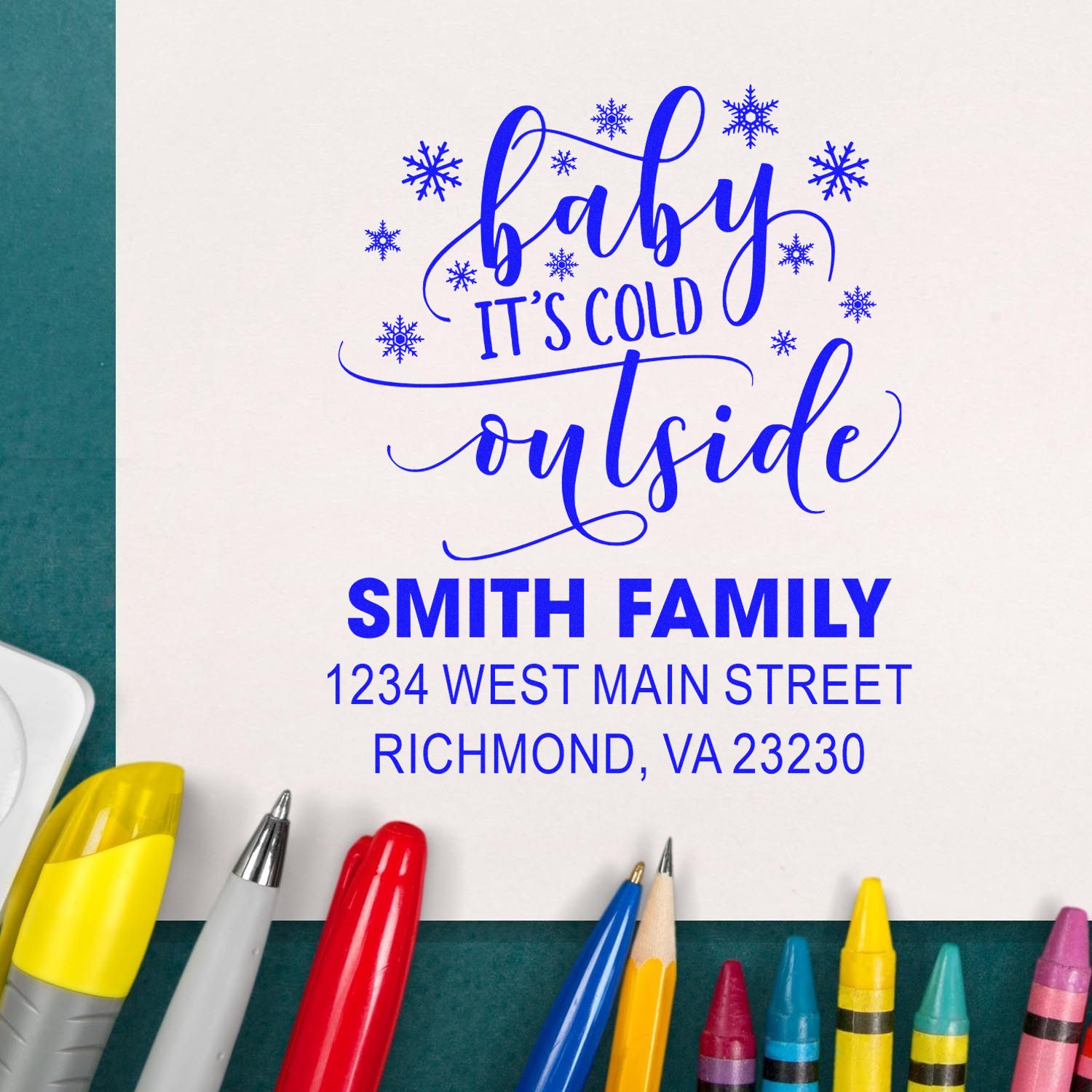 Personalized winter return address rubber stamp with Baby Its Cold Outside, snowflakes, and Smith Family address.