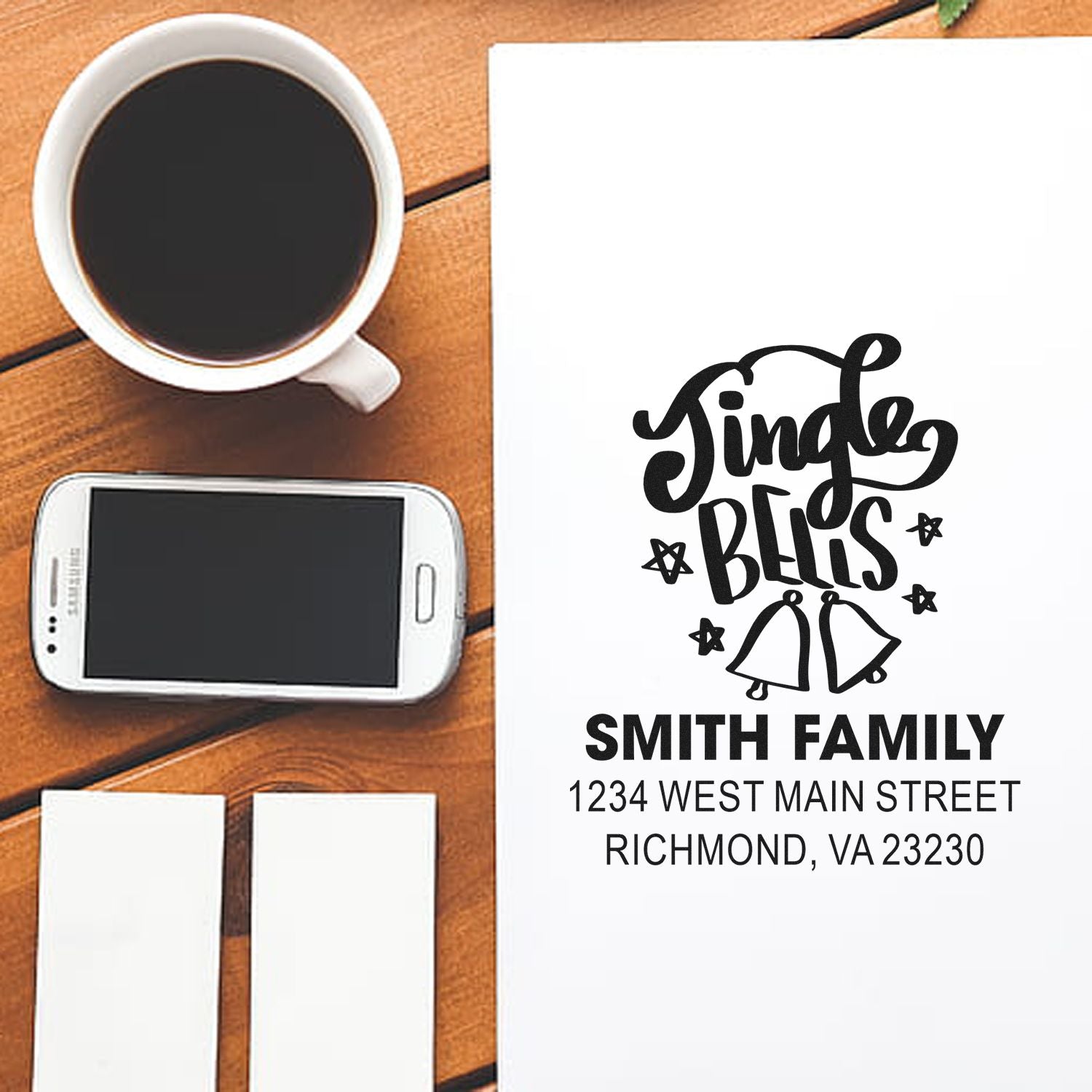 Custom Christmas return address rubber stamp with Single Bells design for Smith Family and address.