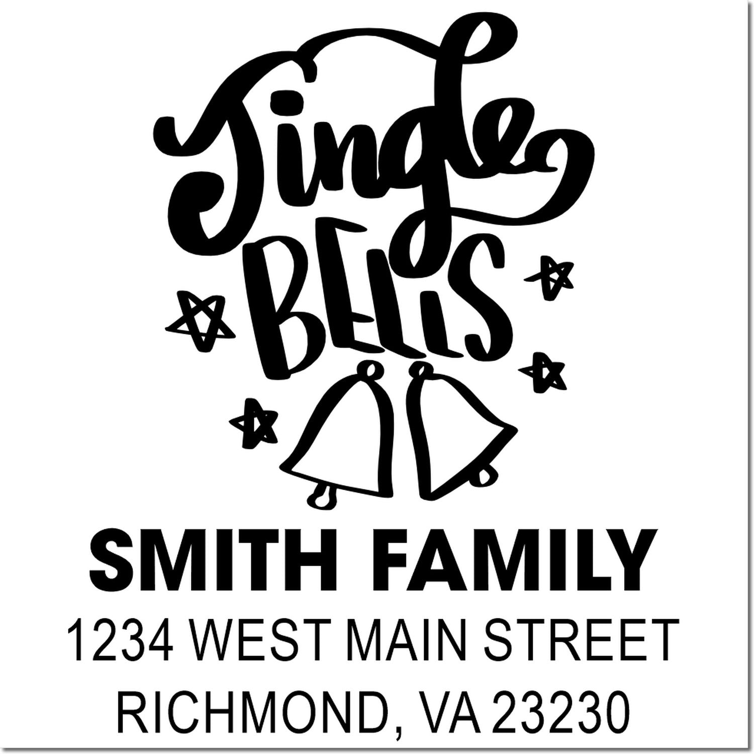 Custom Christmas rubber stamp with Single Bells design, Smith Family name, and return address for holiday cards and mail.