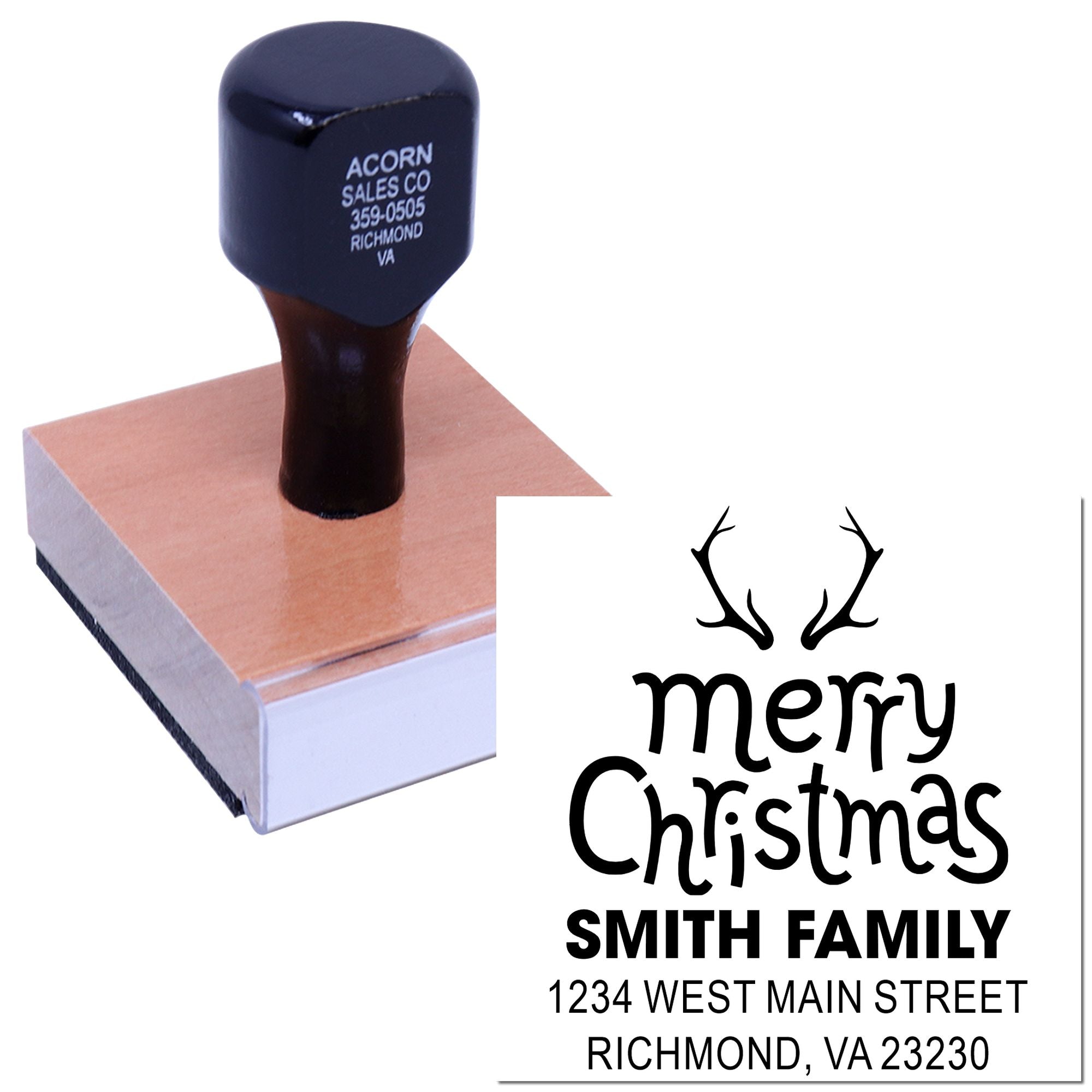 Custom Merry Christmas return address rubber stamp for holiday cards, featuring Smith family name and mailing address.