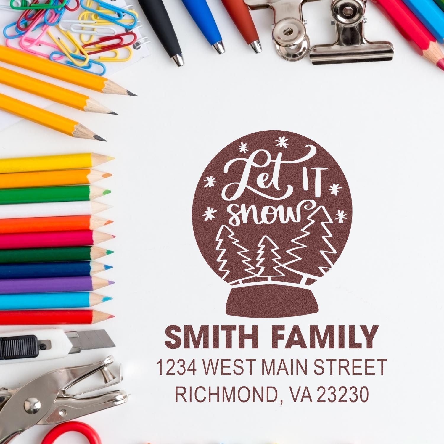 Personalized rubber stamp design with Let It Snow snow globe, Smith Family name and address for holiday return address labels.