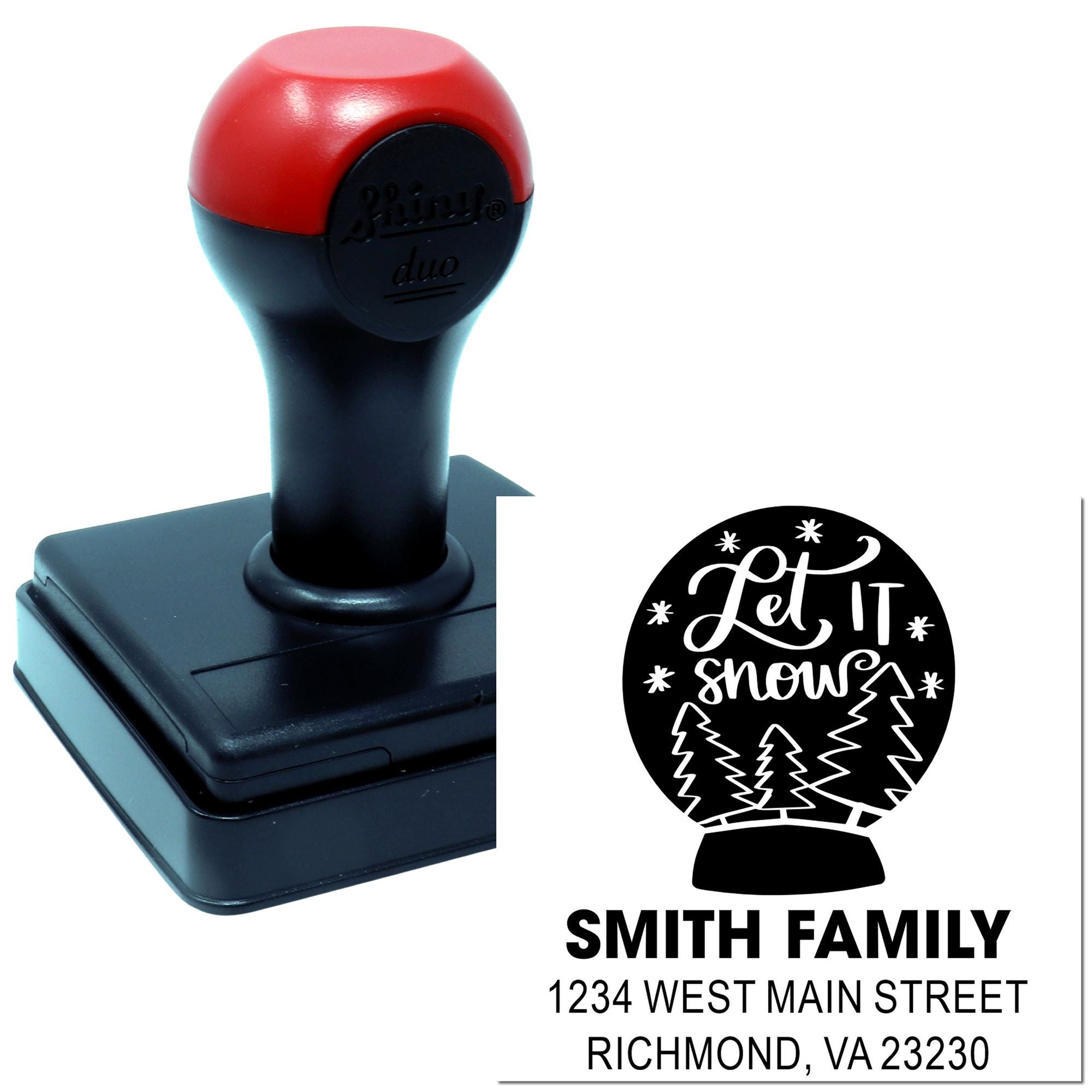 Custom holiday address rubber stamp with Let It Snow snow globe design for personalized family mailings.