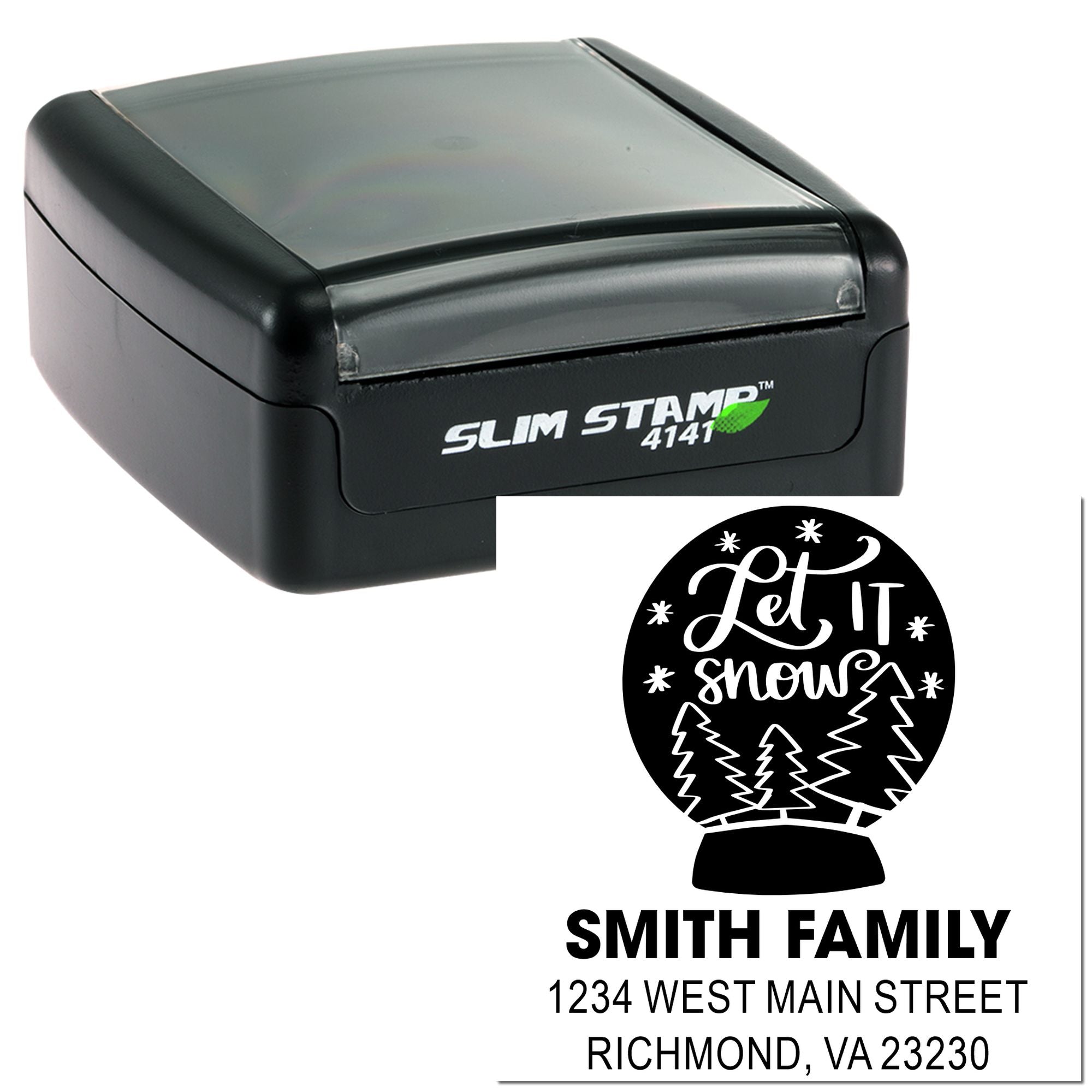 Custom self-inking rubber stamp with Let It Snow holiday address design for Smith Family, Richmond, VA.