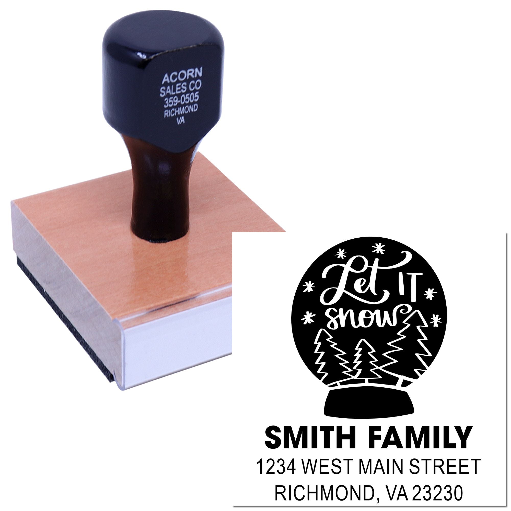 Personalized rubber address stamp with Let It Snow holiday design for Smith family mailing and return labels.