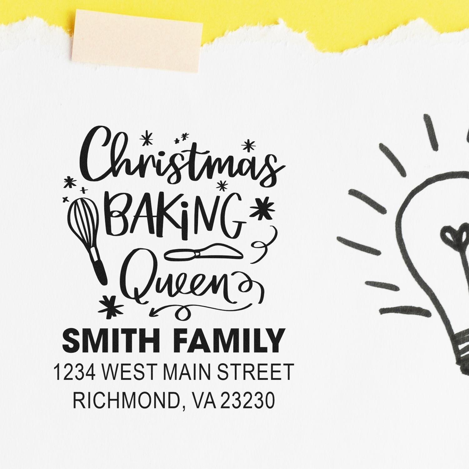 Custom Christmas Baking Queen family address rubber stamp with Smith family name and Richmond, VA address.