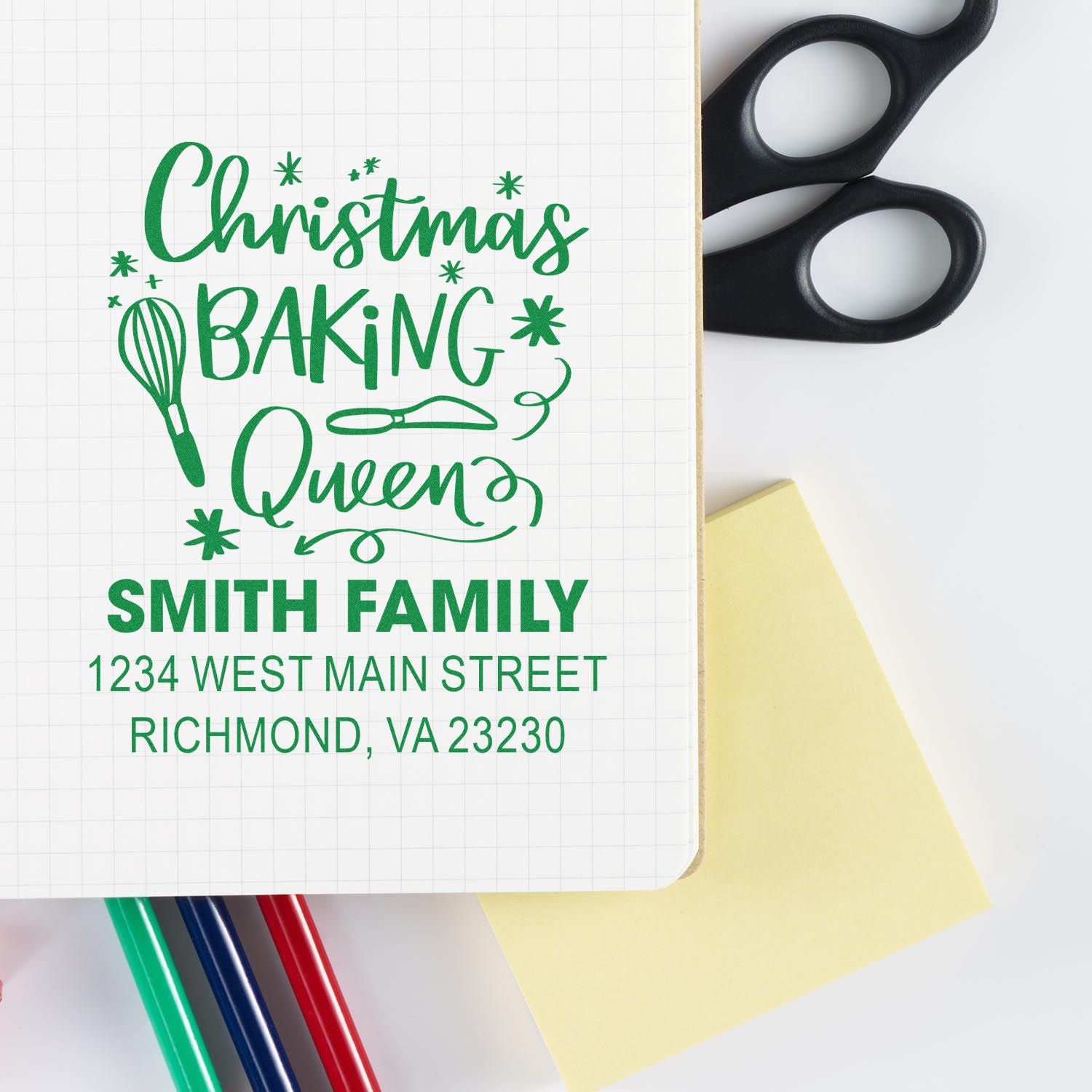 Personalized Christmas Baking Queen rubber stamp with Smith Family name and address for holiday cards and baking gifts.