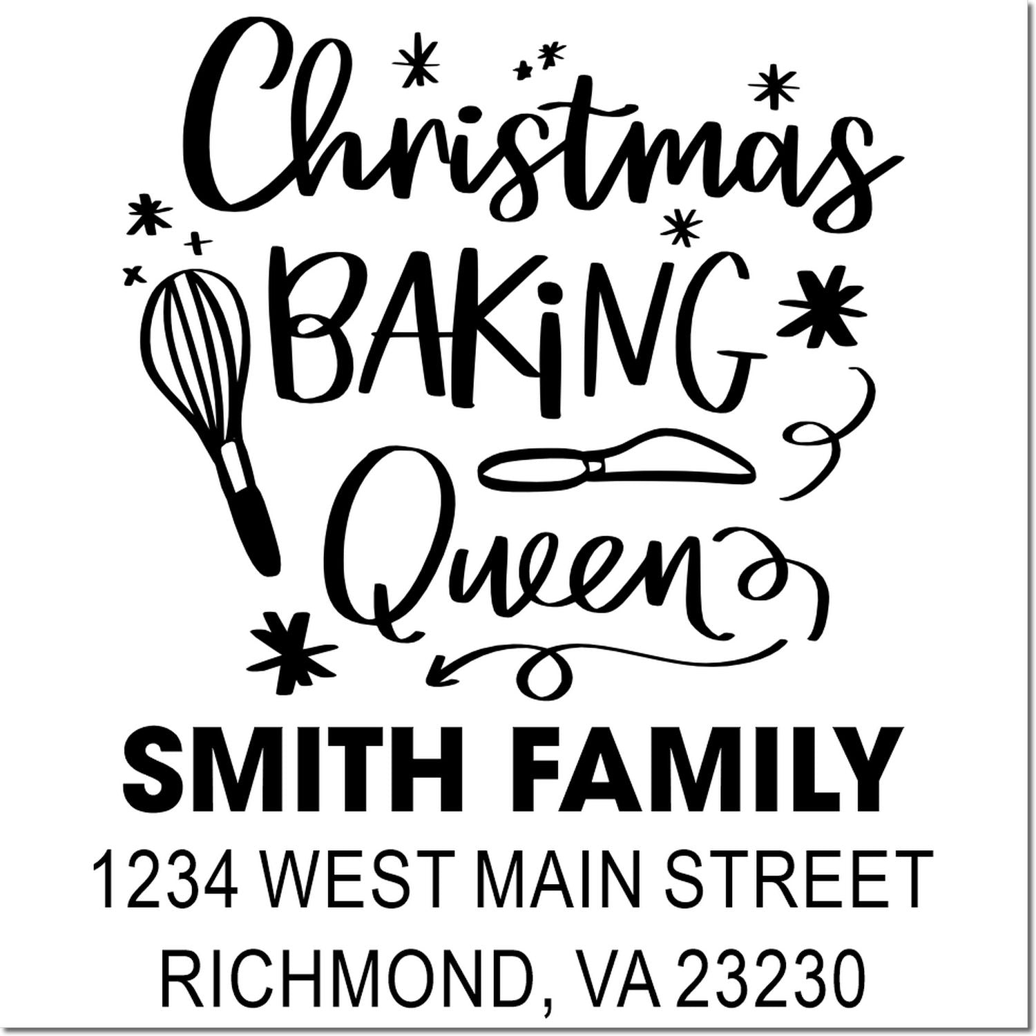 Custom Christmas Baking Queen rubber stamp with whisk, rolling pin, and personalized Smith Family address.