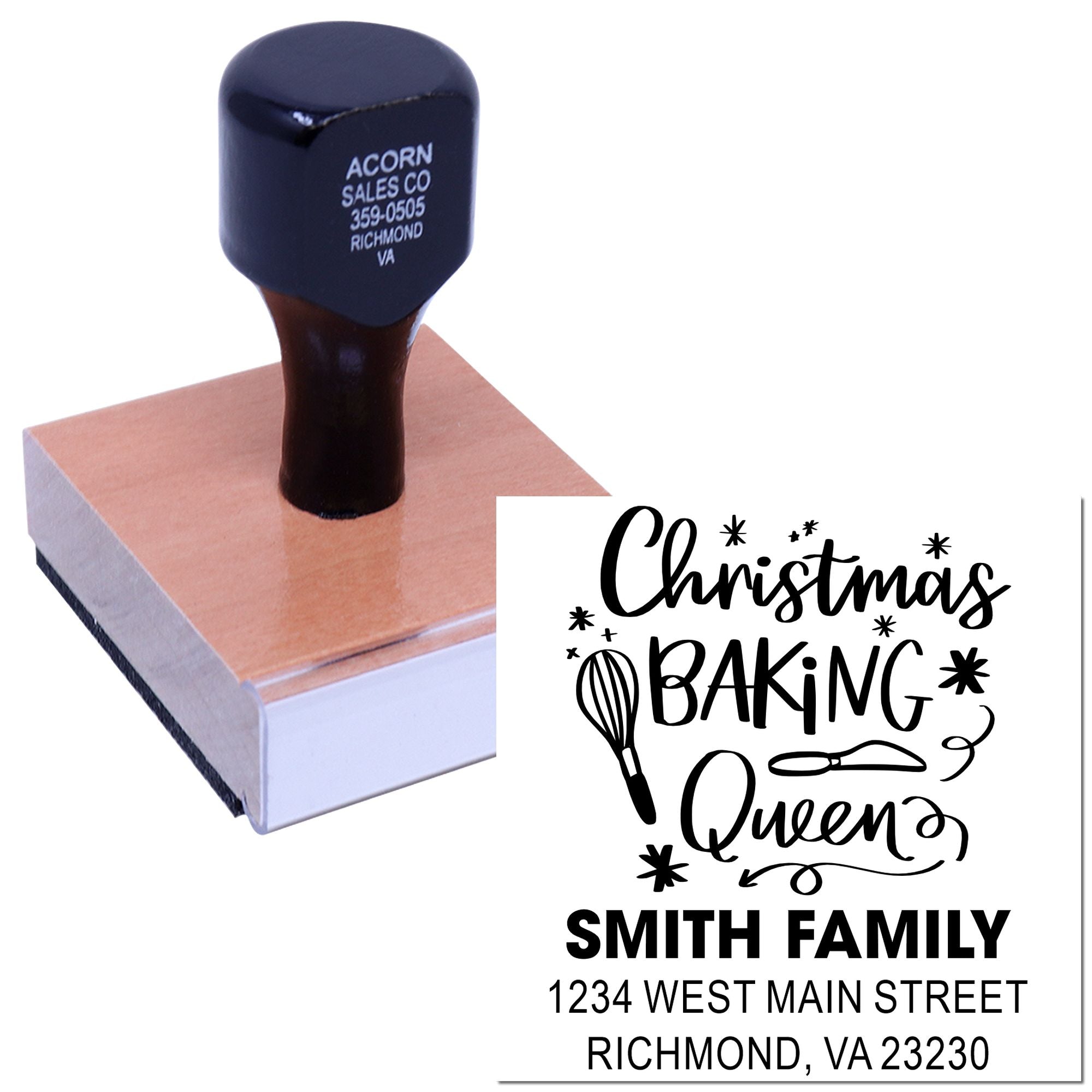 Personalized Christmas baking queen rubber stamp with Smith Family address, custom holiday return address stamp for bakers.