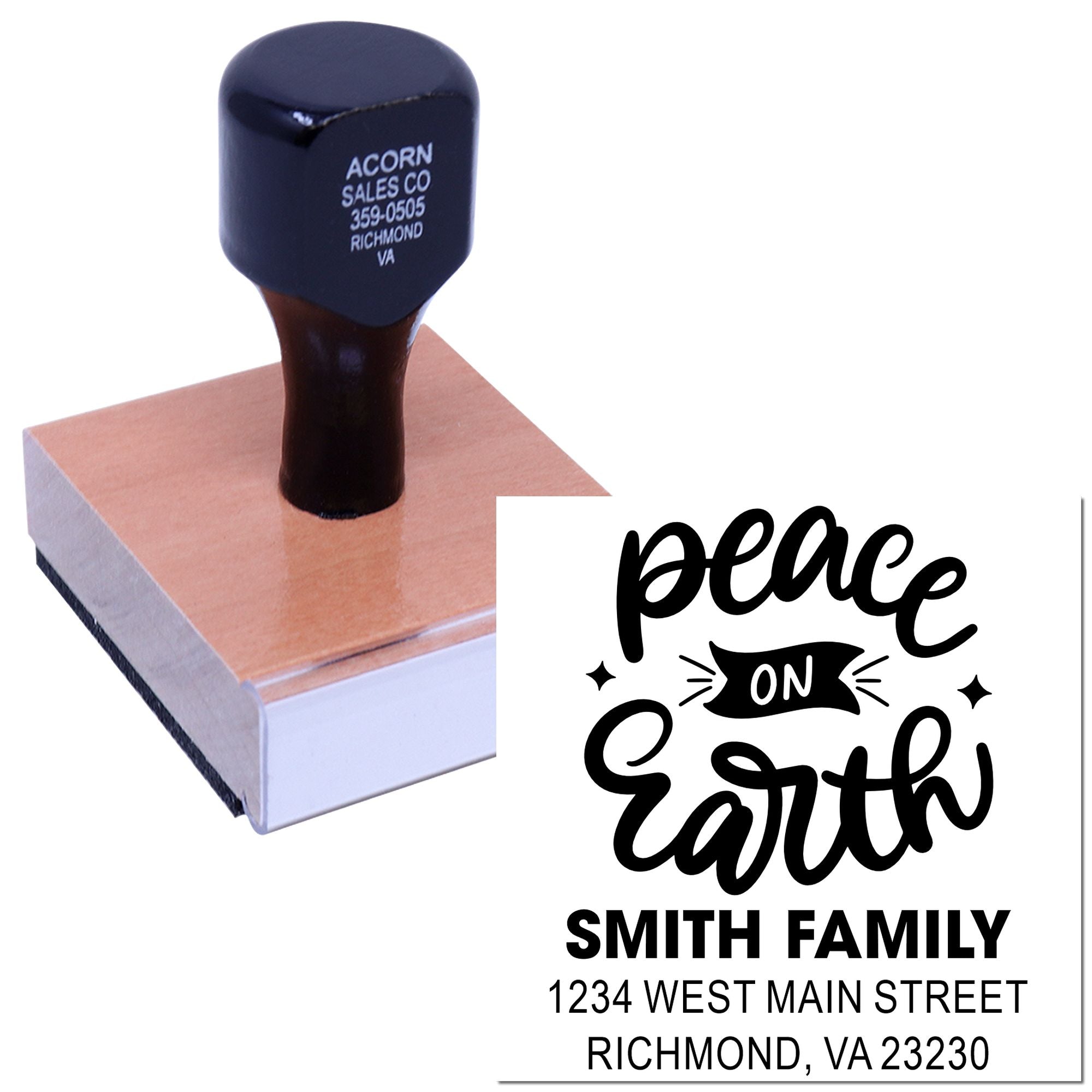Custom rubber address stamp with Peace on Earth design for Smith Family, personalized return address stamp for Richmond, VA.