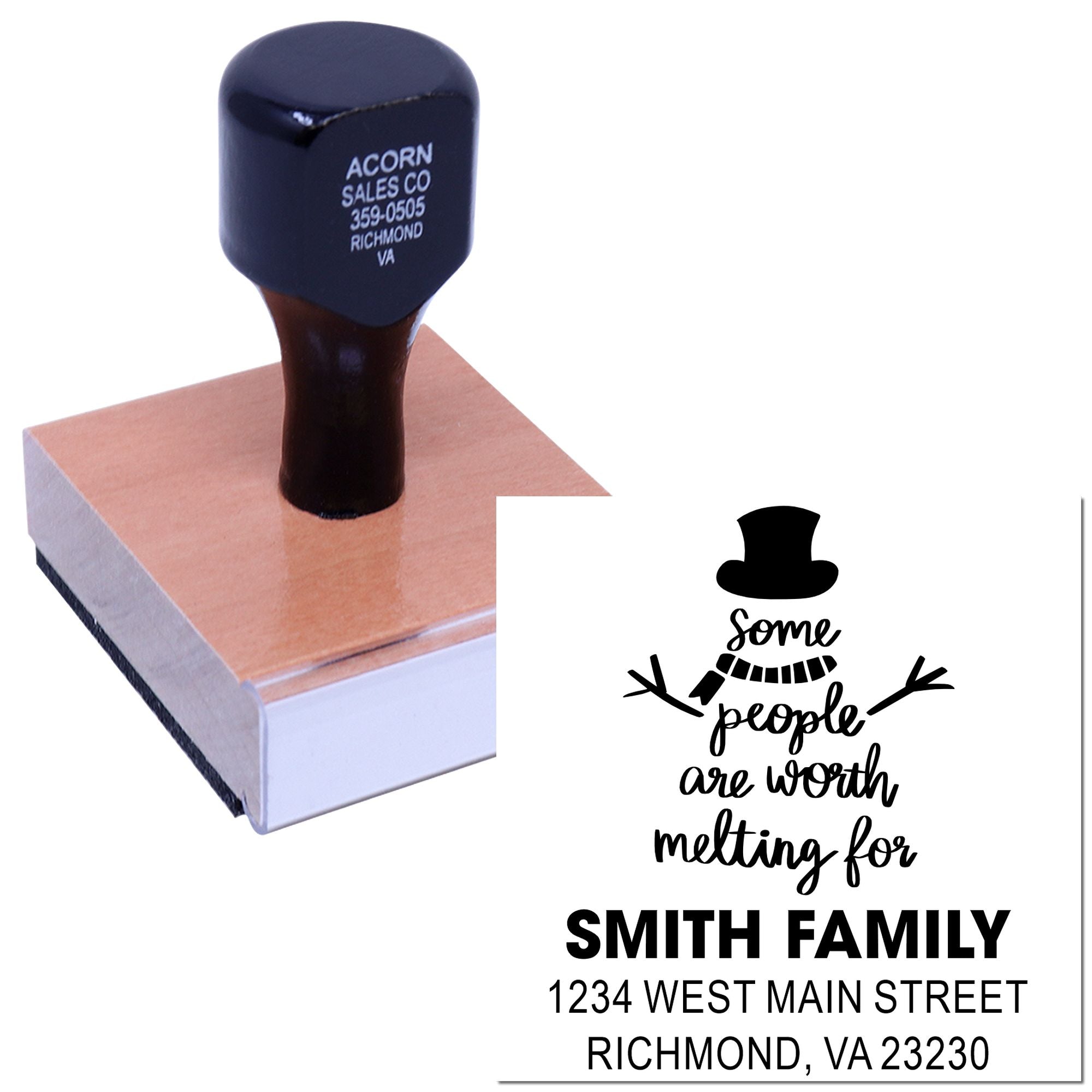 Custom rubber stamp with snowman design and Smith Family address for personalized mailing, invitations, and craft projects.