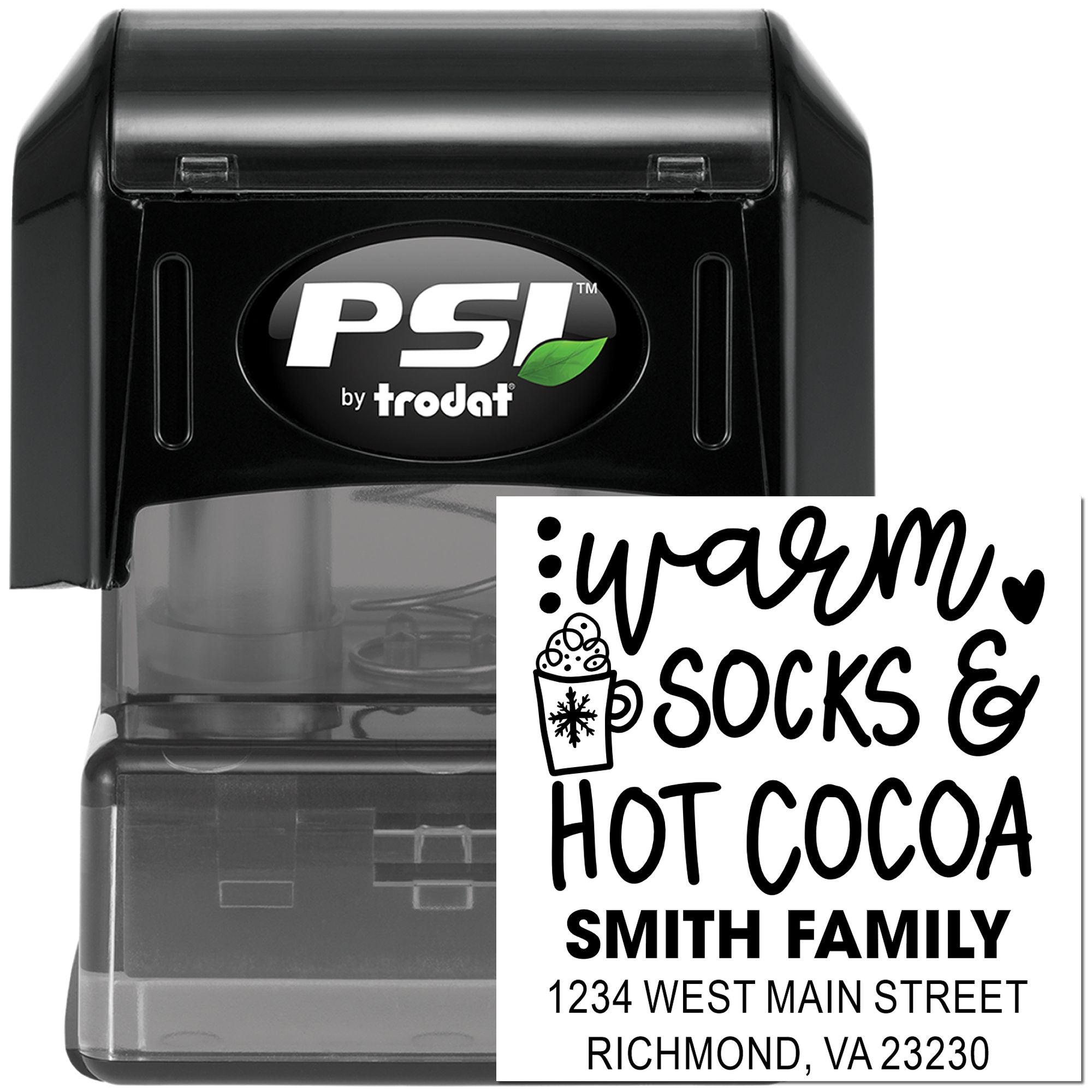 PSI by Trodat custom self-inking rubber stamp with warm socks and hot cocoa return address design