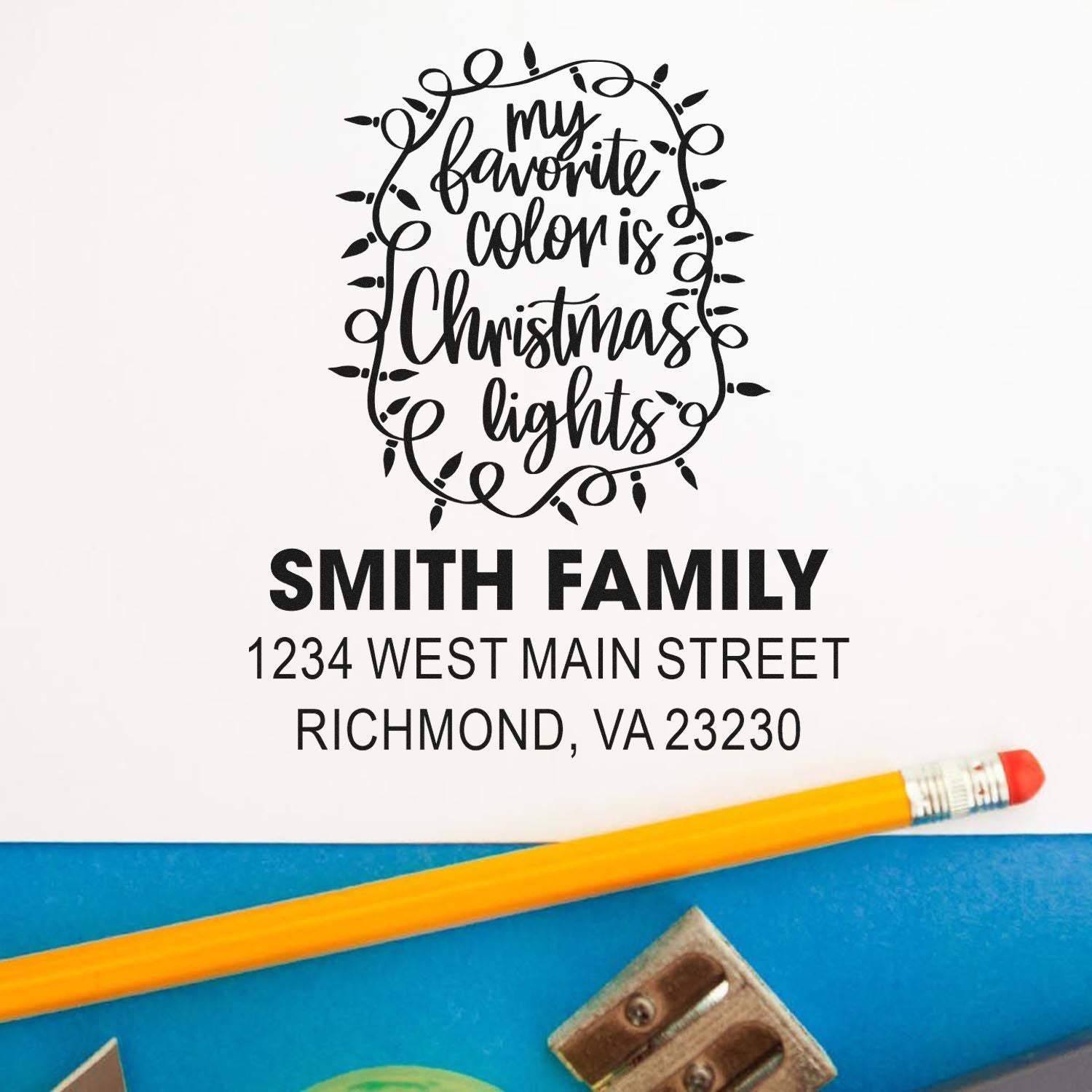 Personalized Christmas return address rubber stamp with festive my favorite color is Christmas lights design.