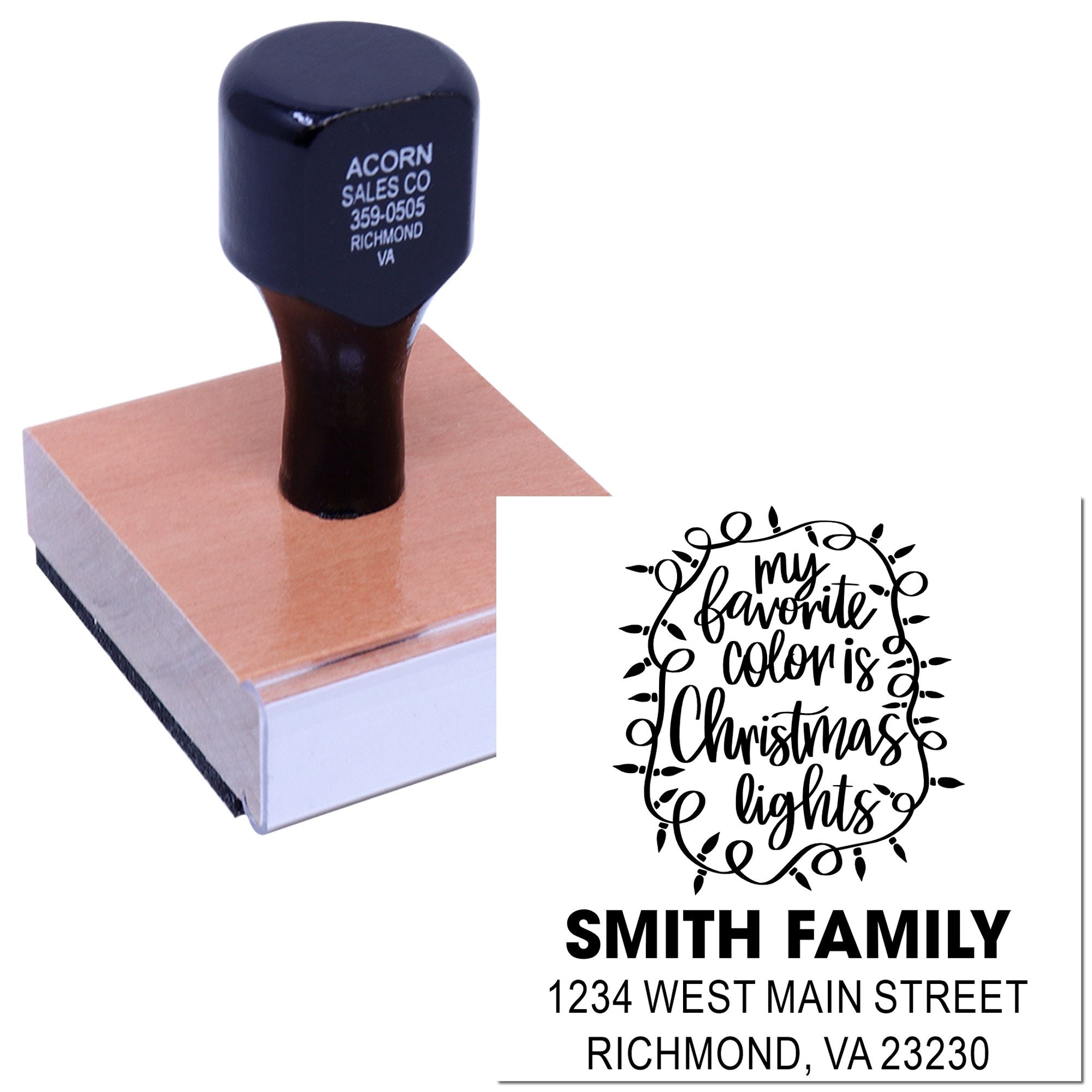 Personalized holiday address rubber stamp with My favorite color is Christmas lights design for Smith family mailings.